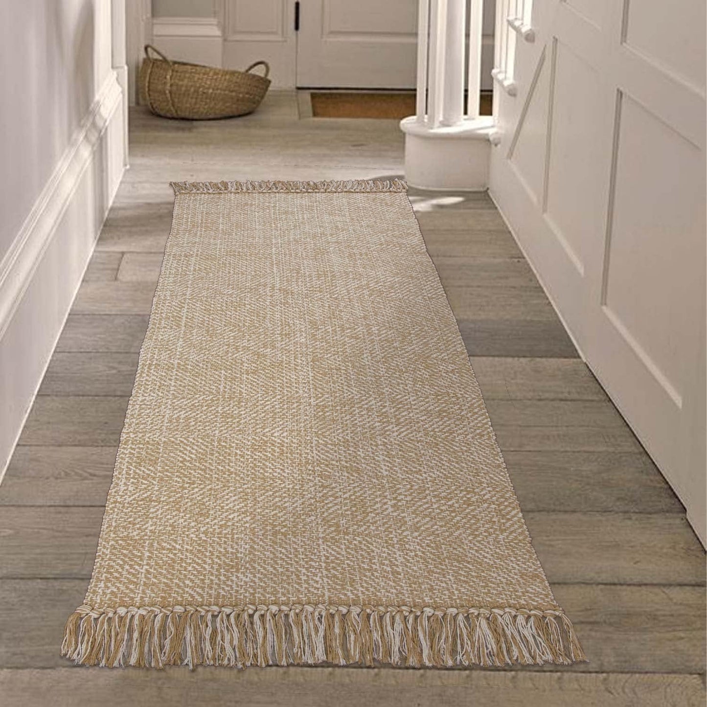 Collive Boho 18 ft Long Runner Rug for Hallway, Washable Kitchen Runner, Cotton Hand-Woven Farmhouse Neutral Carpet Runners, Tan/Cream Low Pile Entryway Floor Runners for Bedroom