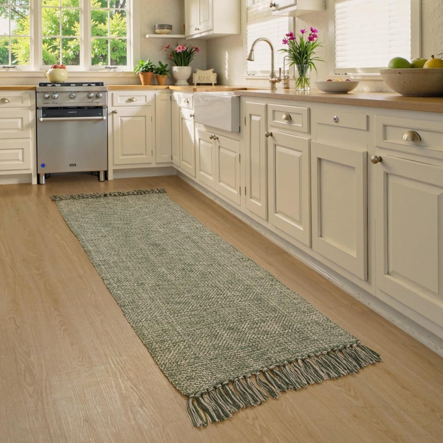 Collive Boho 18 ft Long Runner Rug for Hallway, Washable Kitchen Runner, Cotton Hand-Woven Farmhouse Neutral Carpet Runners, Tan/Cream Low Pile Entryway Floor Runners for Bedroom