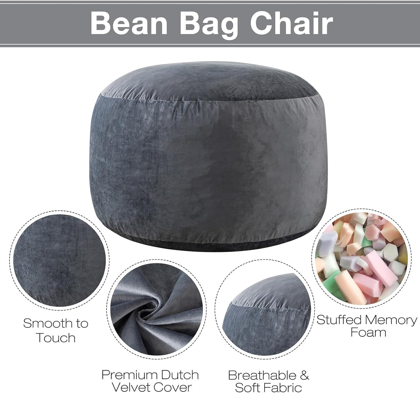 Large Bean Bag Chair for Adults/Kids with Filling, 3 ft Memory Foam Bean Bag Chairs with Filler Included, Ultra Soft Dutch Velvet Fabric, Bean Bag for Living Room - 3 Foot,Dark Gray