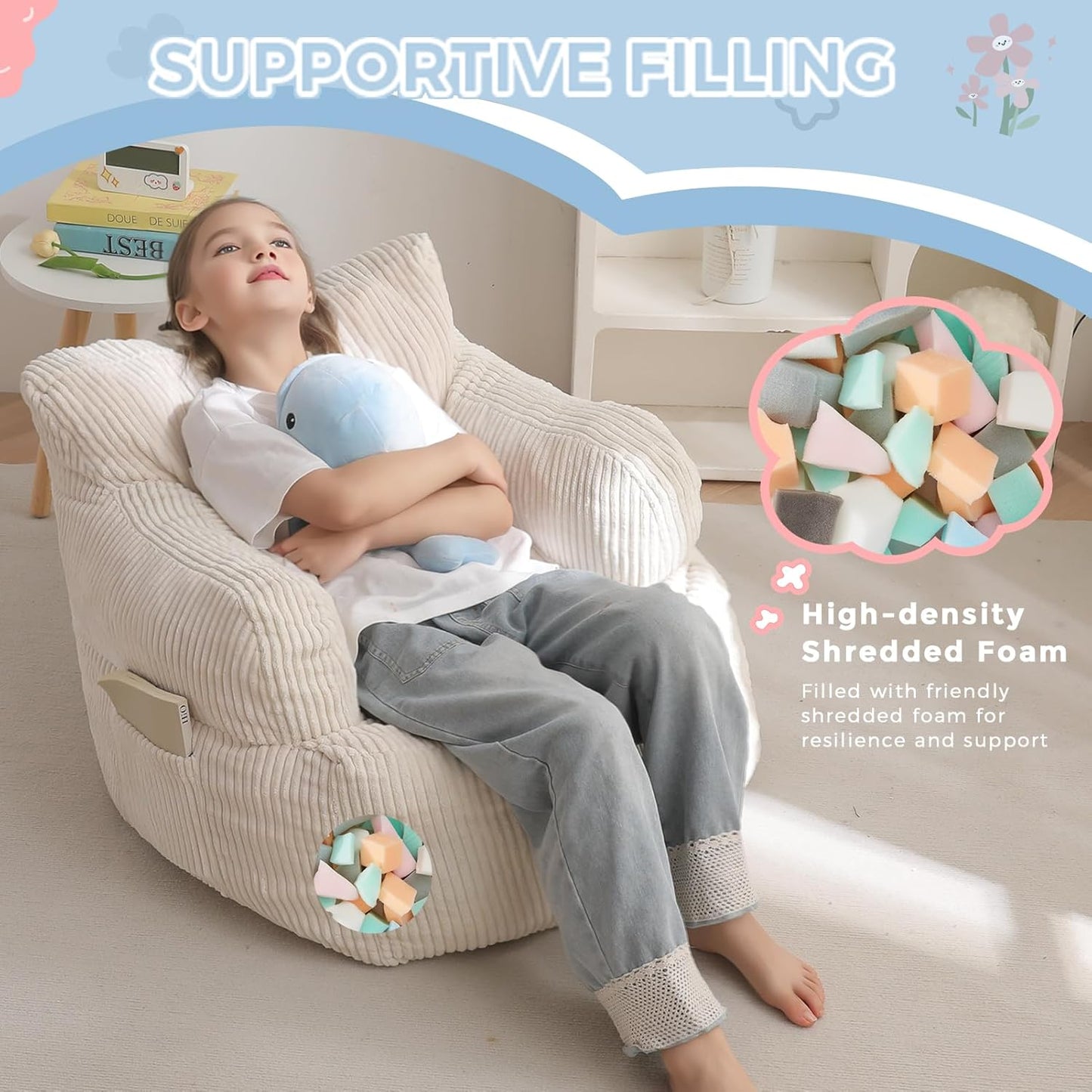 MAXYOYO Kids Bean Bag Chair, Stuffed Toddler Bean Bag Sofa with Filler Bean Bag Chair for Boys and Girls, Lazy Sofa with Pocket Floor Chair for Gaming, Reading, Beige