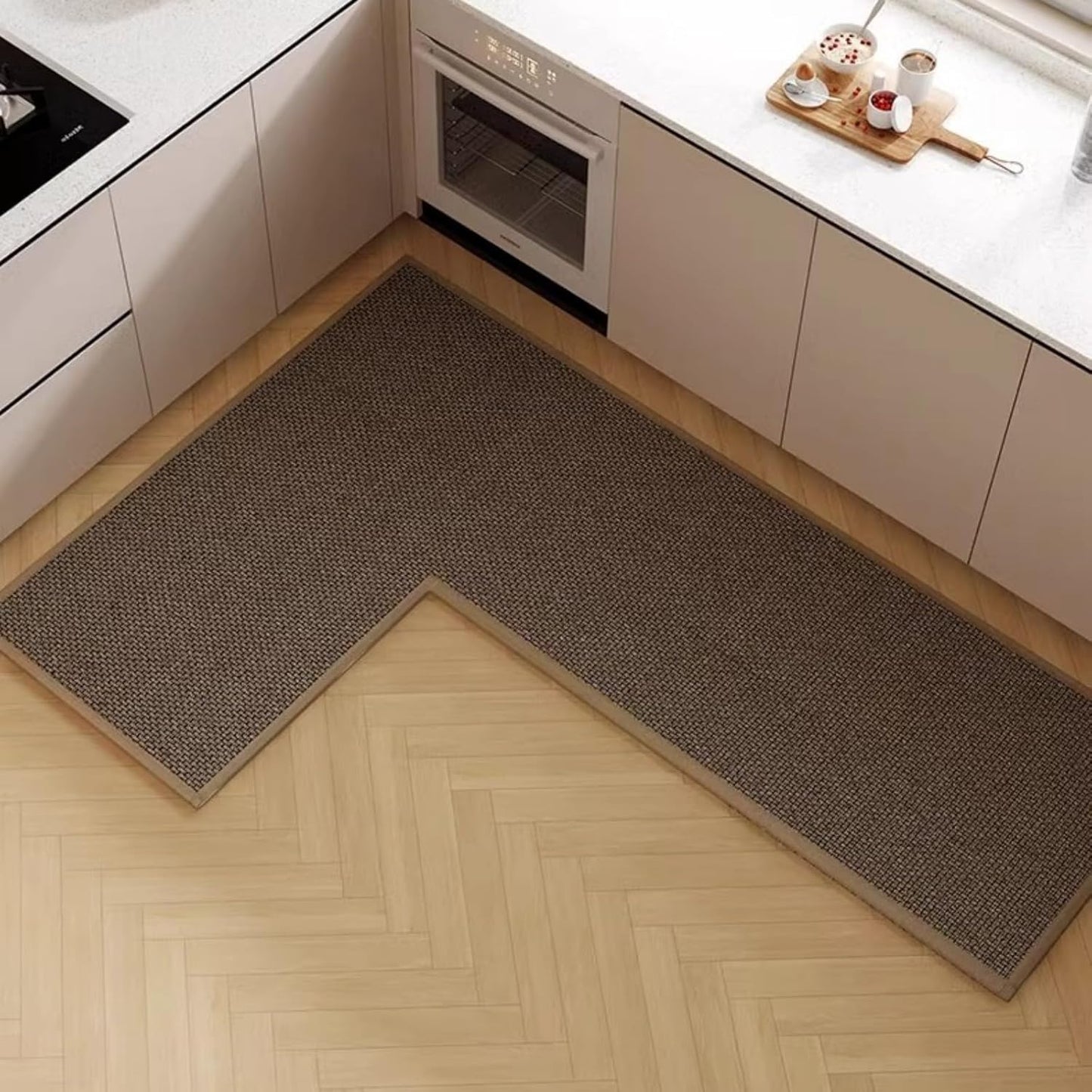 L Shape Kitchen Mat, Anti-slip Corner Kitchen Mats for Floor, 1 Piece L Shape Rug, Absorbent Runner in Front of Sink, Washable Floor Rugs for Home,Kitchen,Office(Black/Grey Right-L,4'11" x 3'3")