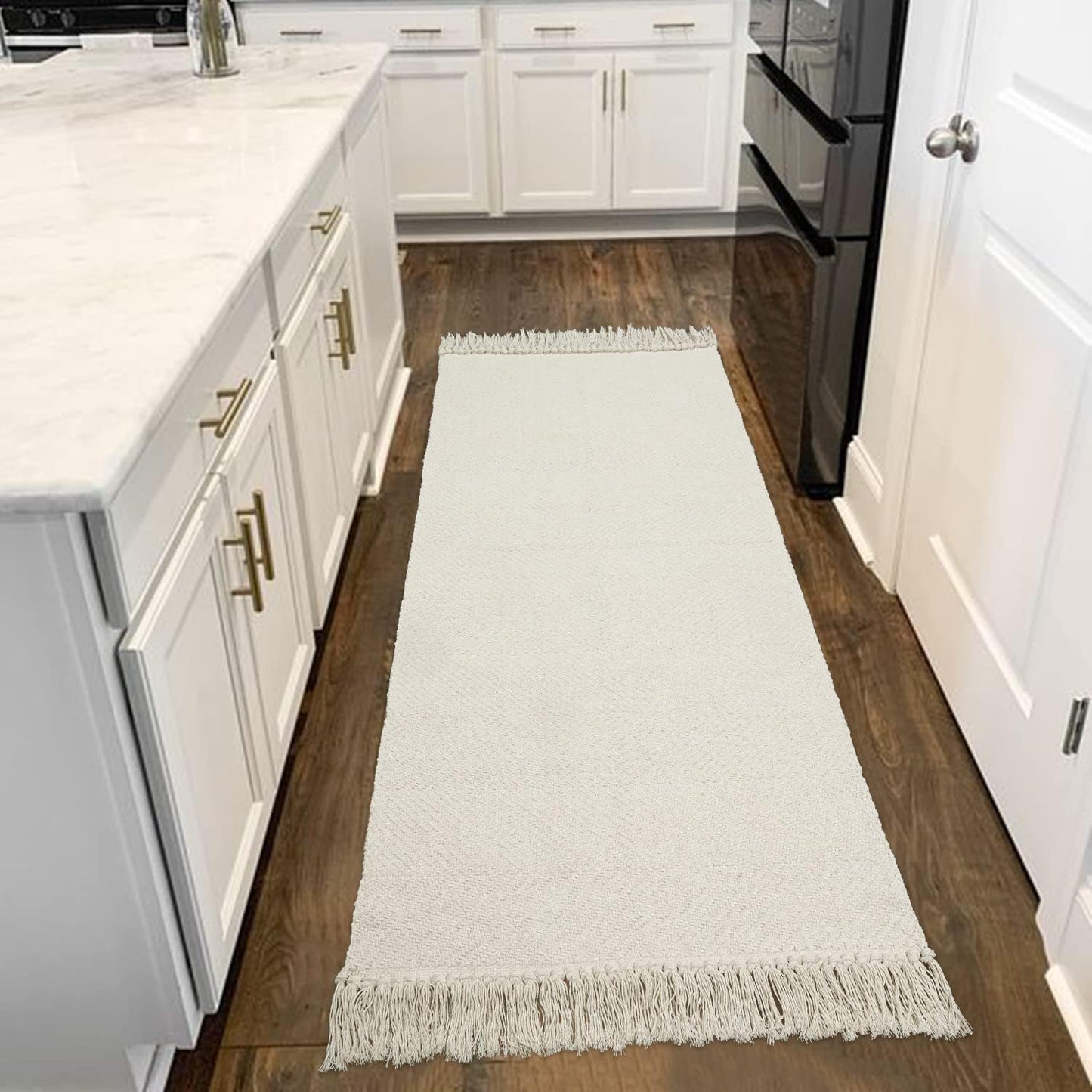 Collive Boho 18 ft Long Runner Rug for Hallway, Washable Kitchen Runner, Cotton Hand-Woven Farmhouse Neutral Carpet Runners, Tan/Cream Low Pile Entryway Floor Runners for Bedroom