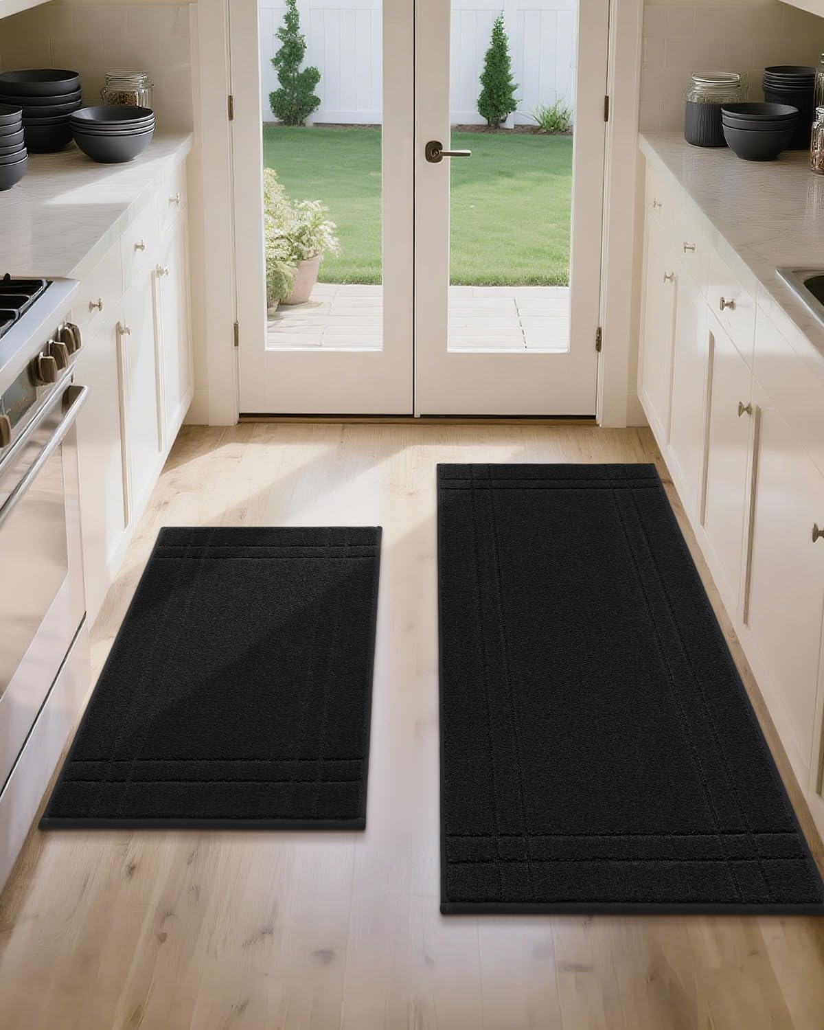 JSEI Kitchen Mats for Floor, Non-Slip Kitchen Rugs, Soft Washable Absorbent Kitchen Mats 2 PCS, Kitchen Runner Rug with TPR Backing, Polyester, 24"x36"+24"x60", Black