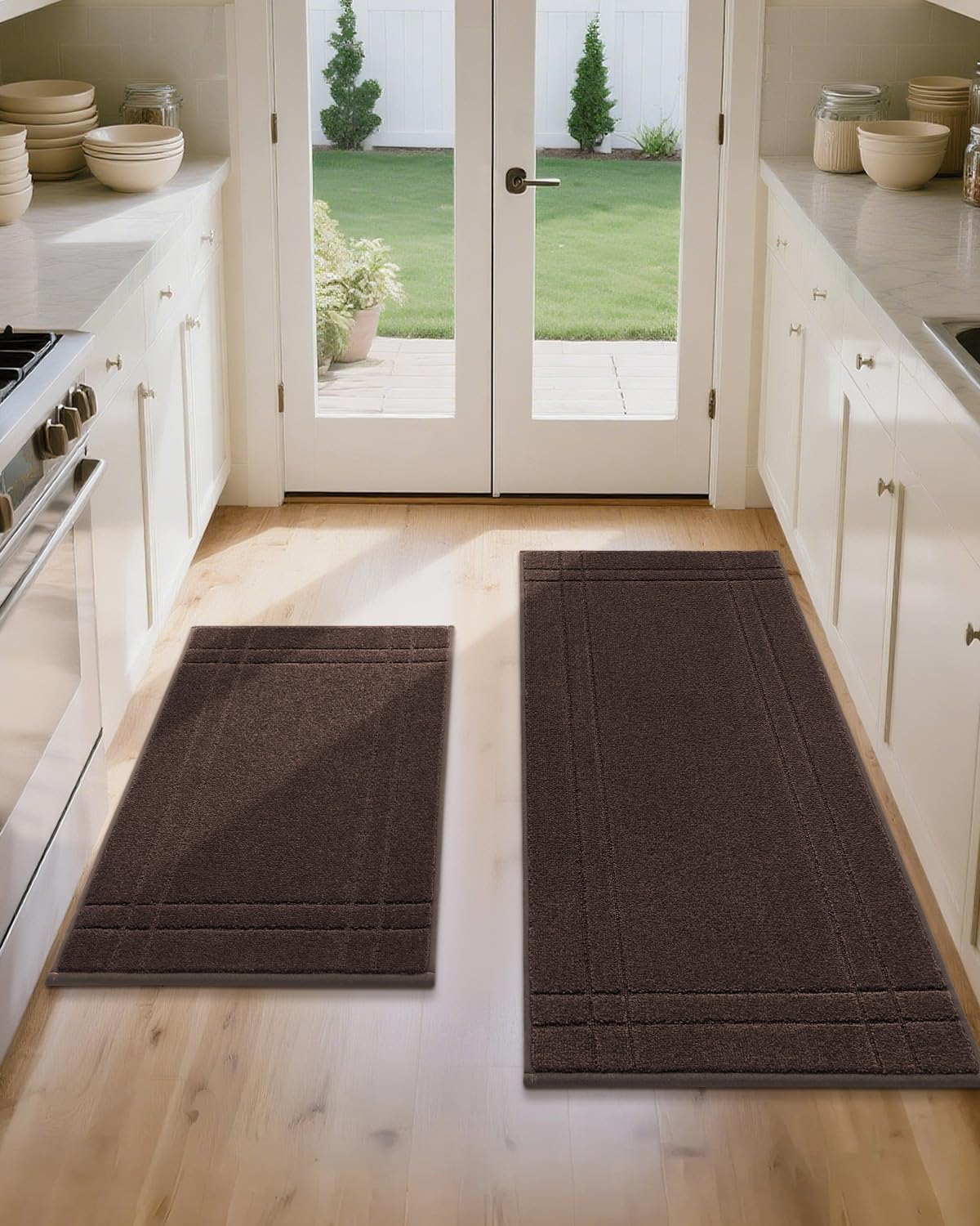 JSEI Kitchen Mats for Floor, Non-Slip Kitchen Rugs, Soft Washable Absorbent Kitchen Mats 2 PCS, Kitchen Runner Rug with TPR Backing, Polyester, 24"x36"+24"x60", Black