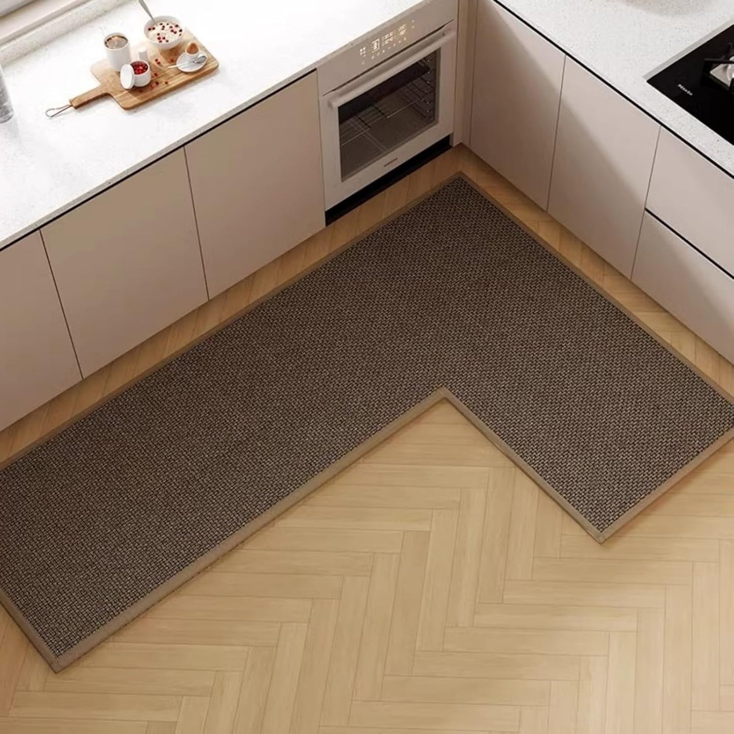 L Shape Kitchen Mat, Anti-slip Corner Kitchen Mats for Floor, 1 Piece L Shape Rug, Absorbent Runner in Front of Sink, Washable Floor Rugs for Home,Kitchen,Office(Black/Grey Right-L,4'11" x 3'3")