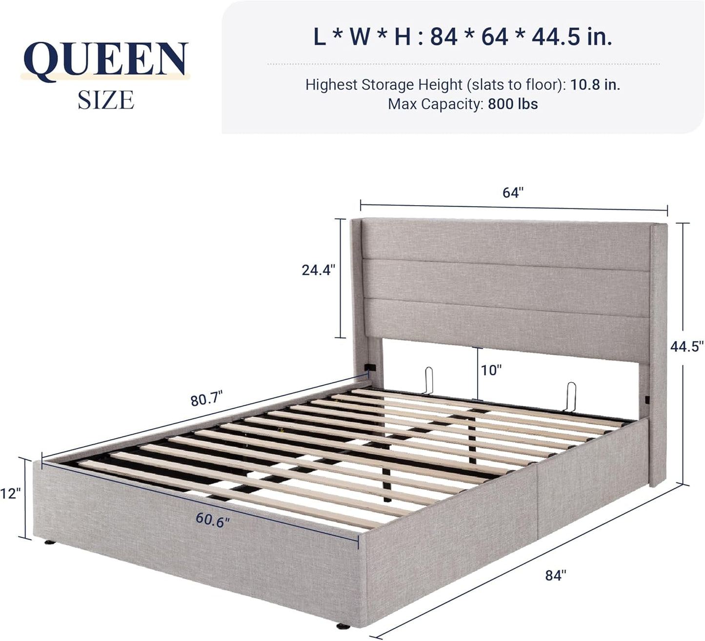 Allewie Queen Size Lift Up Storage Bed, Modern Wingback Headboard, Hydraulic Support, No Box Spring Needed, Light Beige