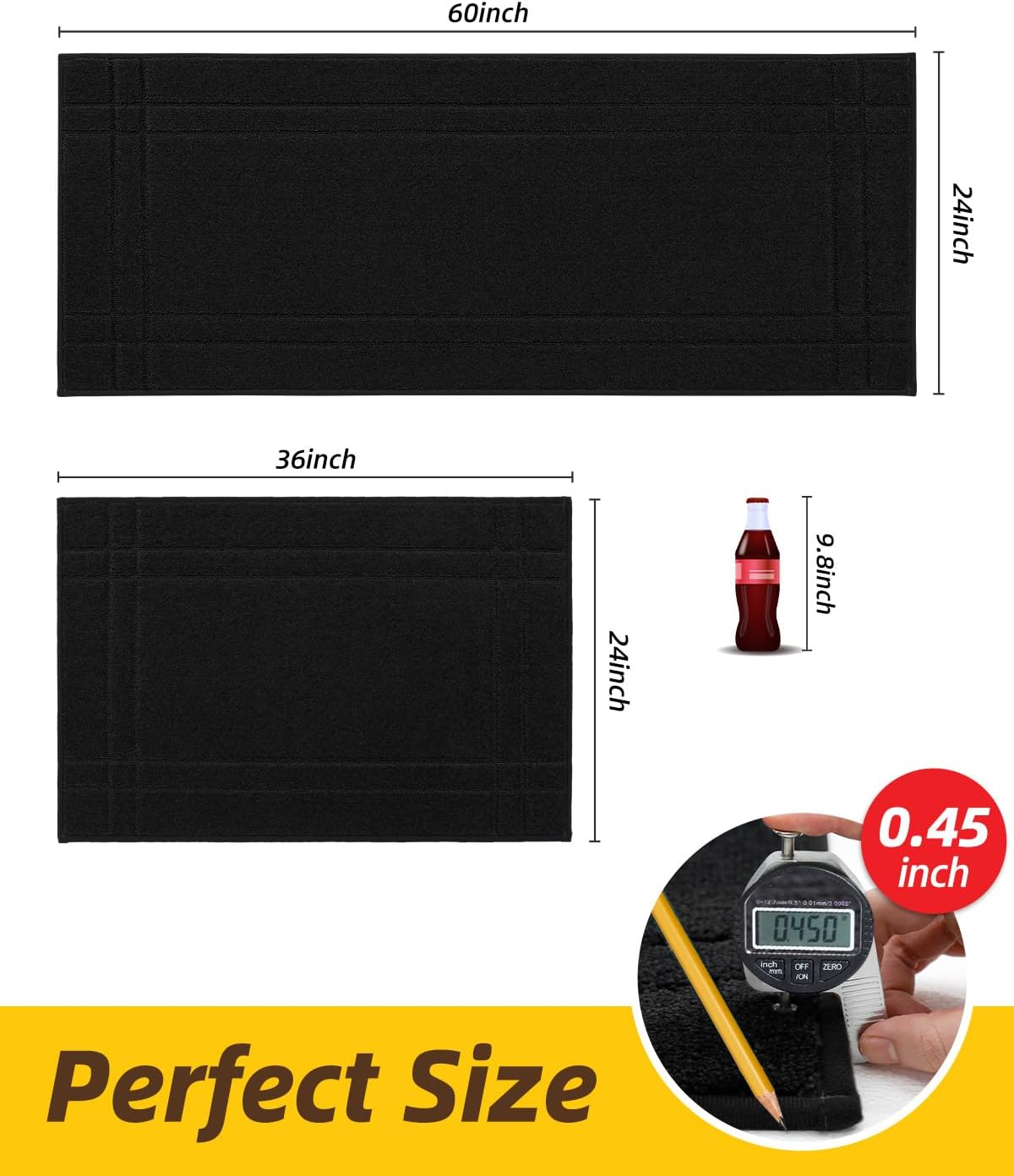 JSEI Kitchen Mats for Floor, Non-Slip Kitchen Rugs, Soft Washable Absorbent Kitchen Mats 2 PCS, Kitchen Runner Rug with TPR Backing, Polyester, 24"x36"+24"x60", Black
