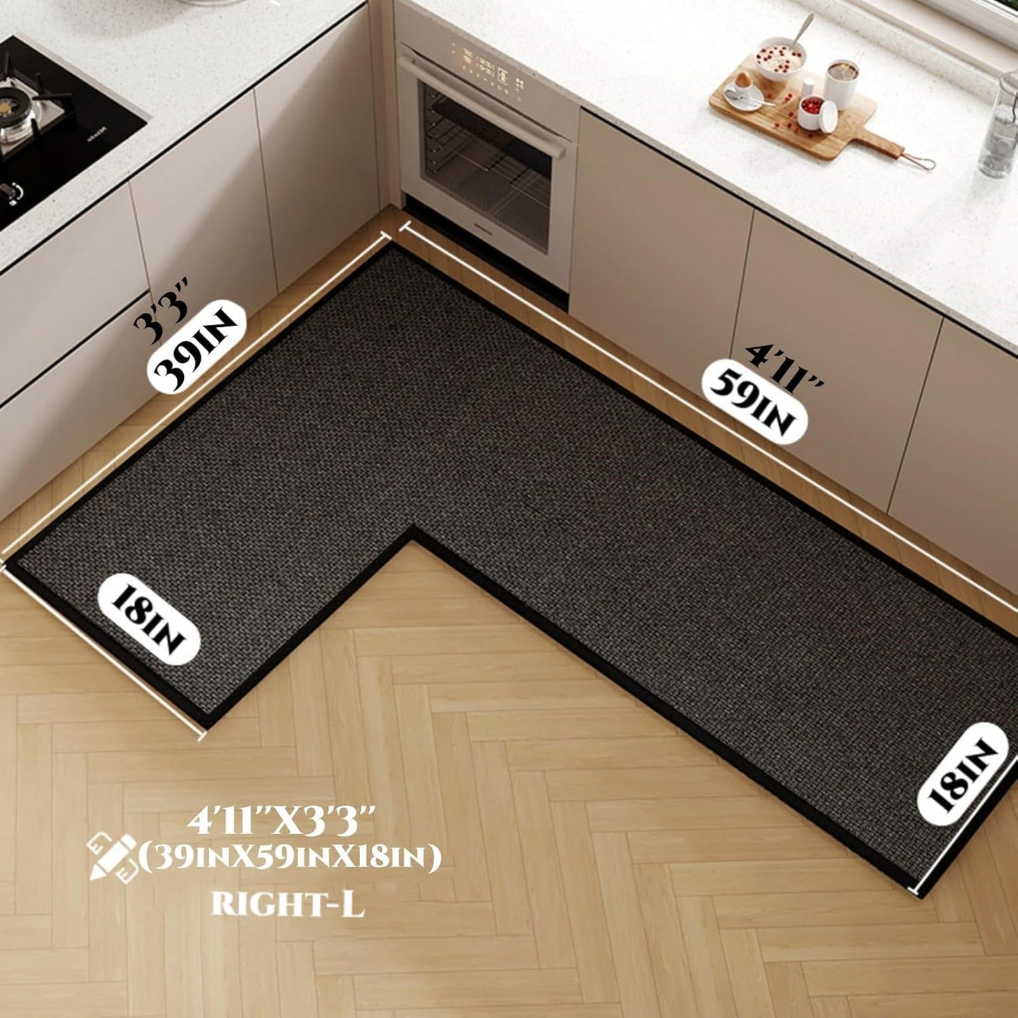L Shape Kitchen Mat, Anti-slip Corner Kitchen Mats for Floor, 1 Piece L Shape Rug, Absorbent Runner in Front of Sink, Washable Floor Rugs for Home,Kitchen,Office(Black/Grey Right-L,4'11" x 3'3")