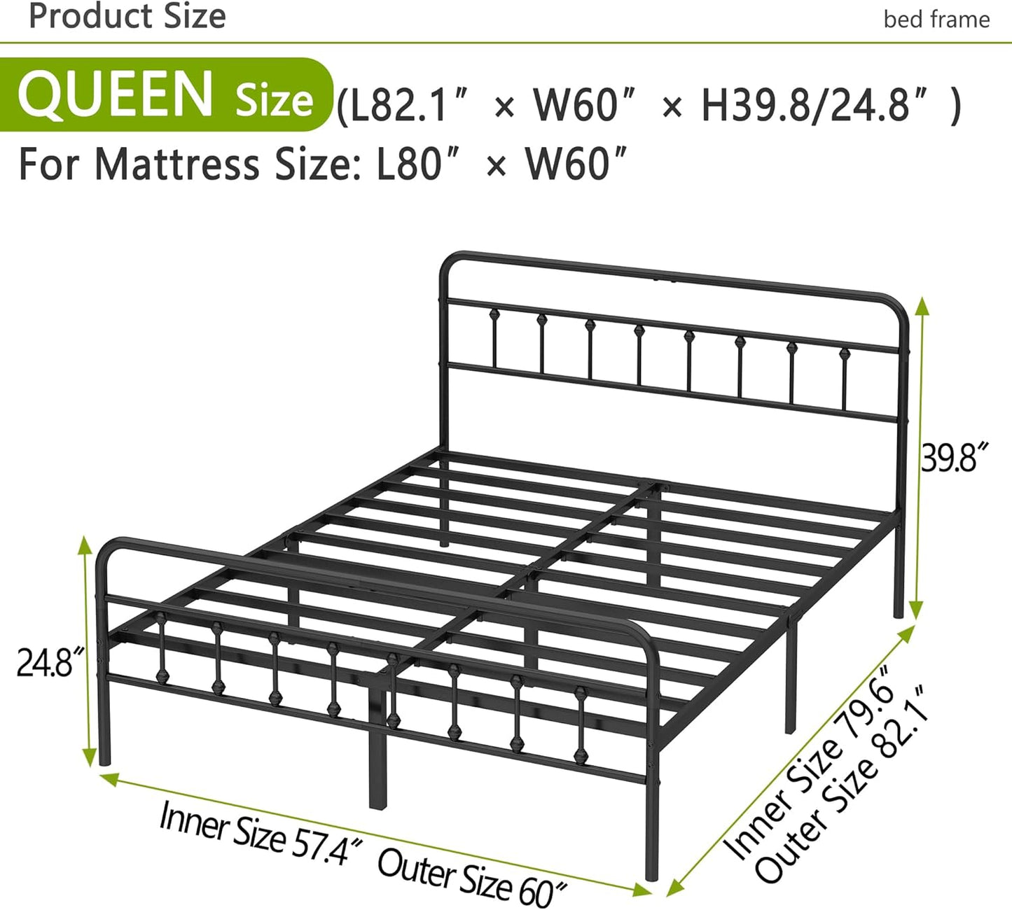 Metal Bed Frame - Structurally Stable Heavy Duty Steel Slat Supported Queen Bed Frames,No Box Spring Needed for Easy Removal and Transport.