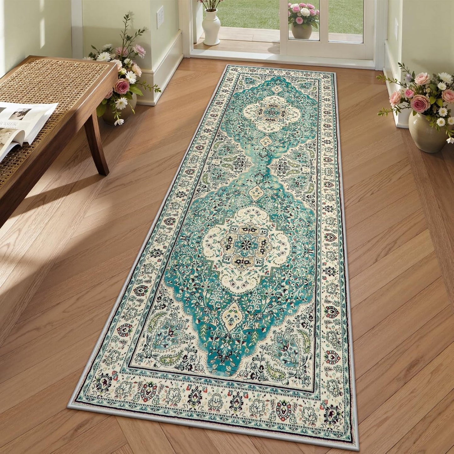 Lahome Boho Tribal 2'6" x 10' Washable Runners for Hallways, Oriental Kitchen Runner Rugs Non Skid Washable, Oriental Soft Long Stair Carpet Runner for Bathroom Living Room Bedroom, Rust/Dull Teal
