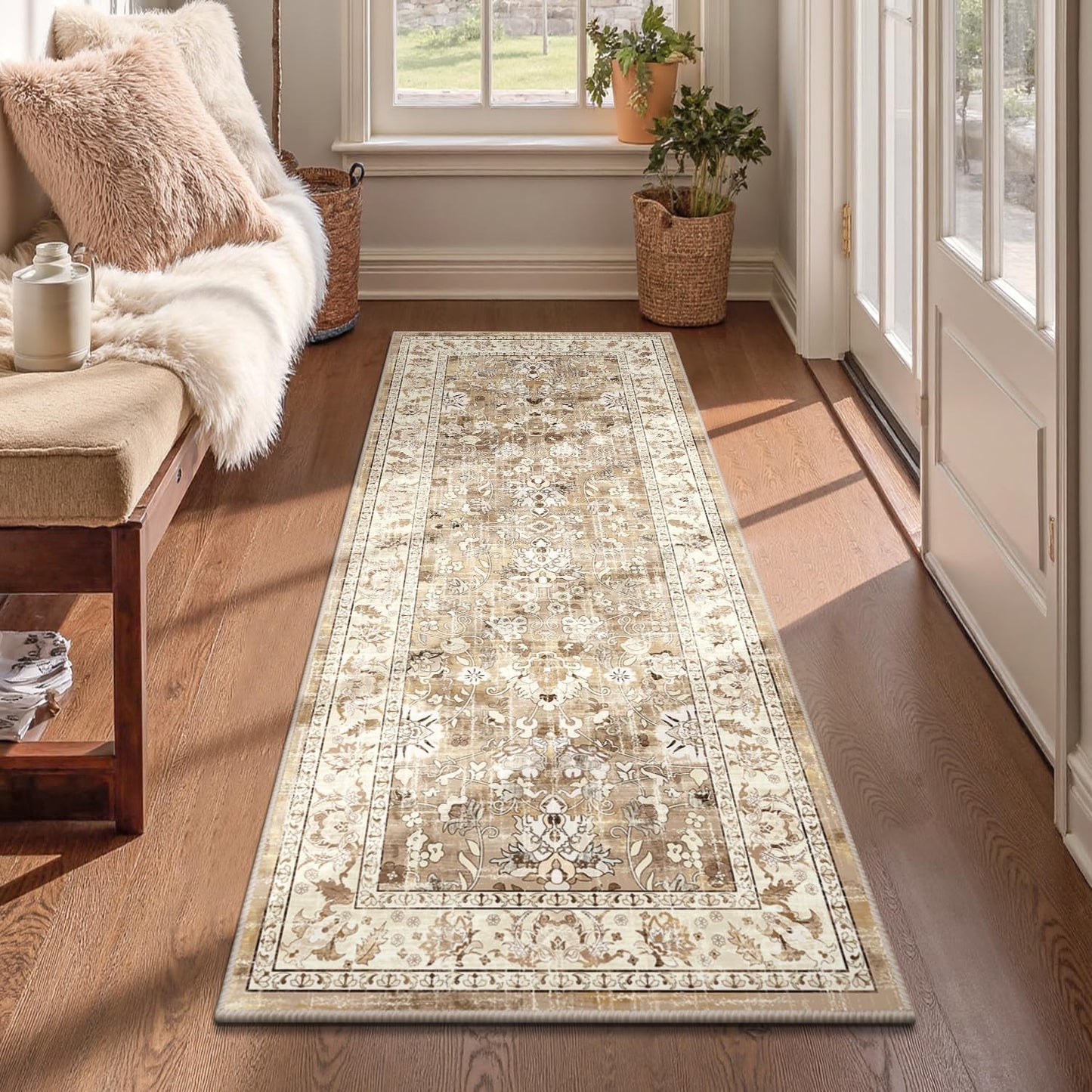 LOKHOM Washable Runner Rug, 2.6x14 Non-Slip Vintage Long Hallway Runner Rugs with Rubber Backing, Boho Soft Distressed Kitchen Rug Floor Carpet Runner for Hallway Laundry Entryway Bedroom(Beige Brown)