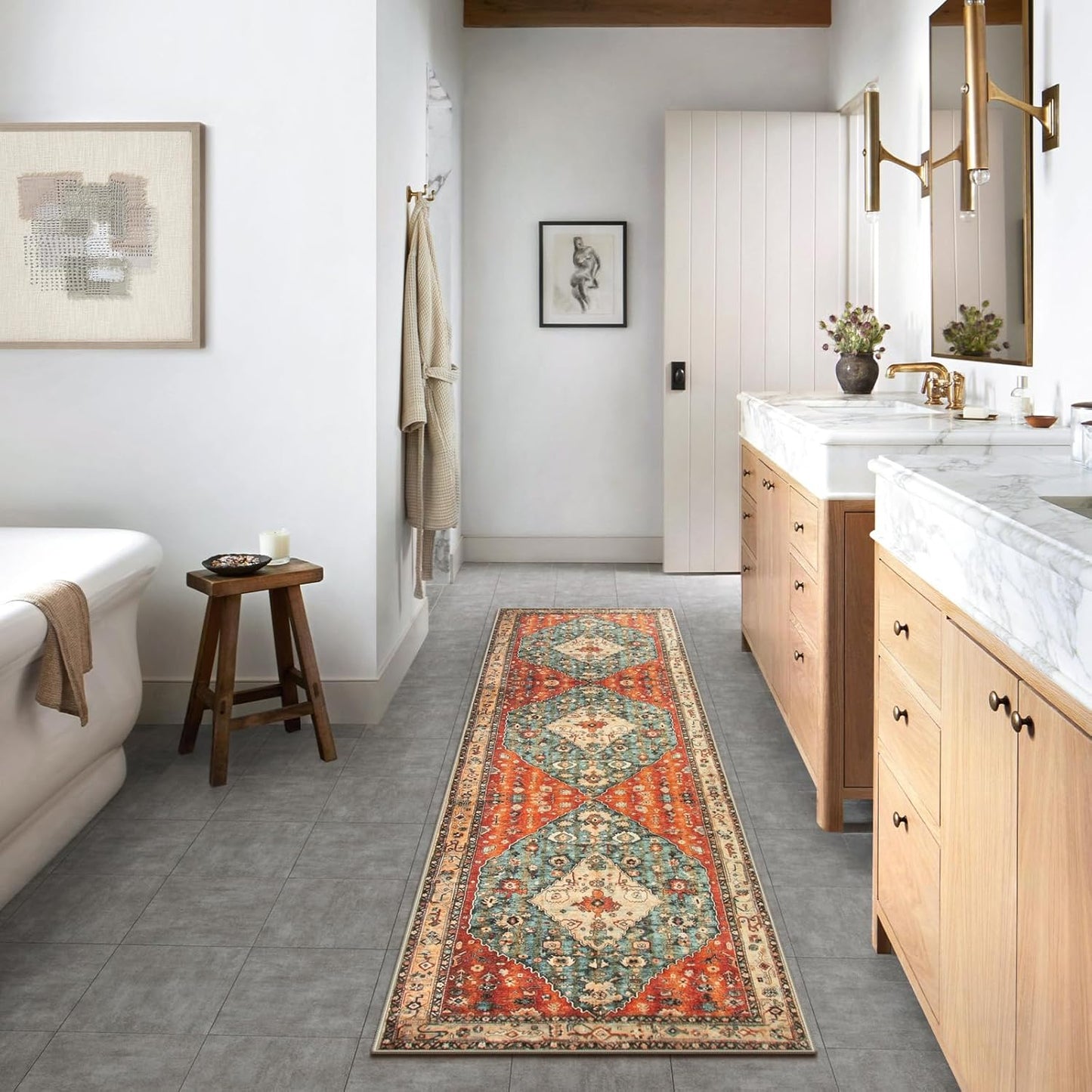 Lahome Boho Tribal 2'6" x 10' Washable Runners for Hallways, Oriental Kitchen Runner Rugs Non Skid Washable, Oriental Soft Long Stair Carpet Runner for Bathroom Living Room Bedroom, Rust/Dull Teal