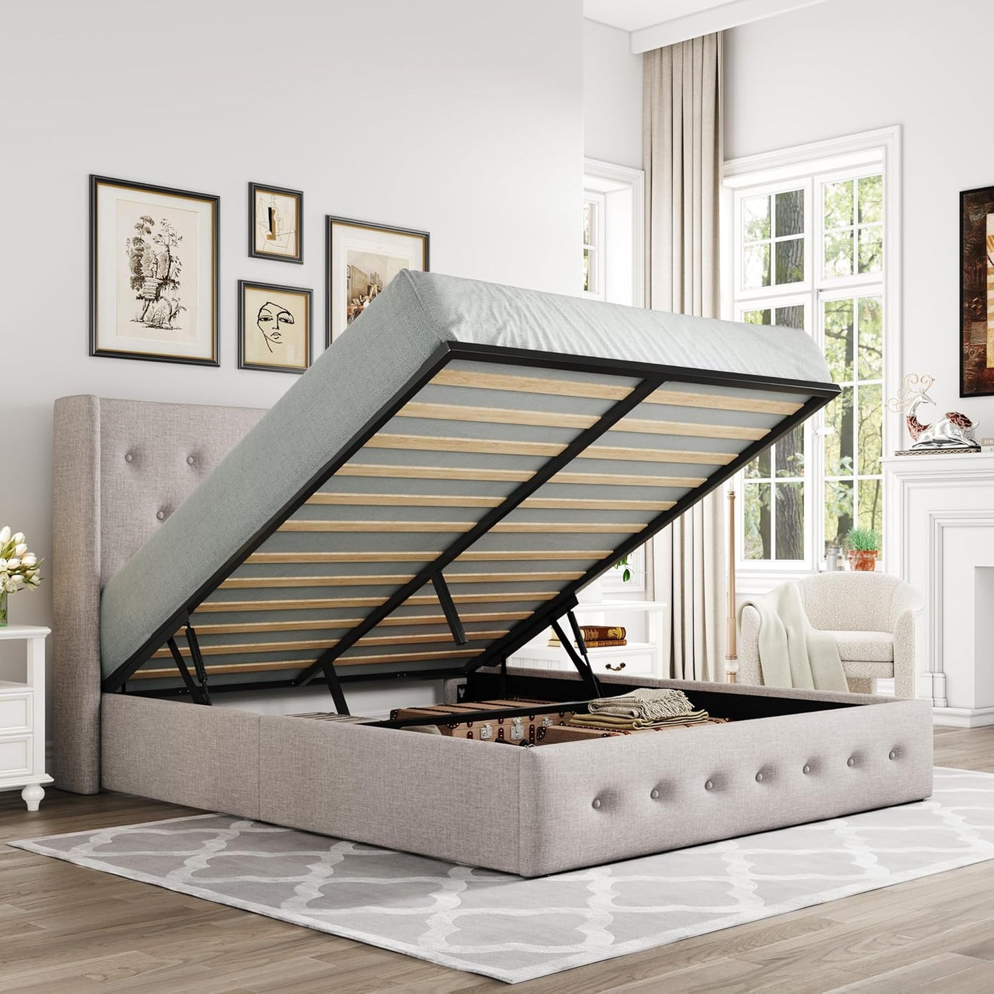 Allewie Queen Size Lift Up Storage Bed, Modern Wingback Headboard, Hydraulic Support, No Box Spring Needed, Light Beige