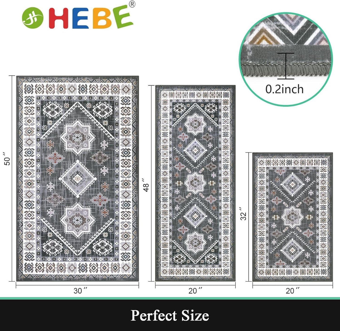 HEBE Boho Kitchen Rug Sets 3 Piece with Runner Non Slip Kitchen Rugs and Mats Washable Kitchen Mats for Floor Thick Kitchen Floor Mat Carpet Runner Rugs for Hallway Laundry Holiday Decor