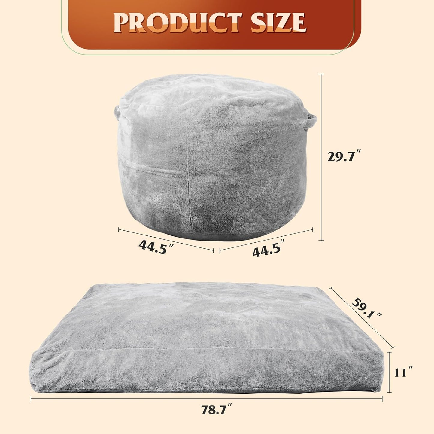 WLIVE 4FT Bean Bag Chair, Bean Bag Bed, Convertible Chair Folds from Bean Bag to Floor Mattress, High-Rebound Memory Foam, Full Size, Grey