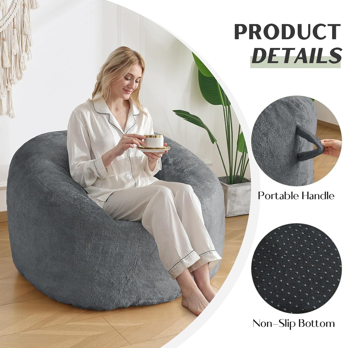 SHOUREN Large Bean Bag Chair,Sherpa Fabric Bean Bag Couch with Backrest,Comfy Bean Bag Sofa for Adults/Teens,Extra Soft Memory Foam Floor Sofa,Dark Grey