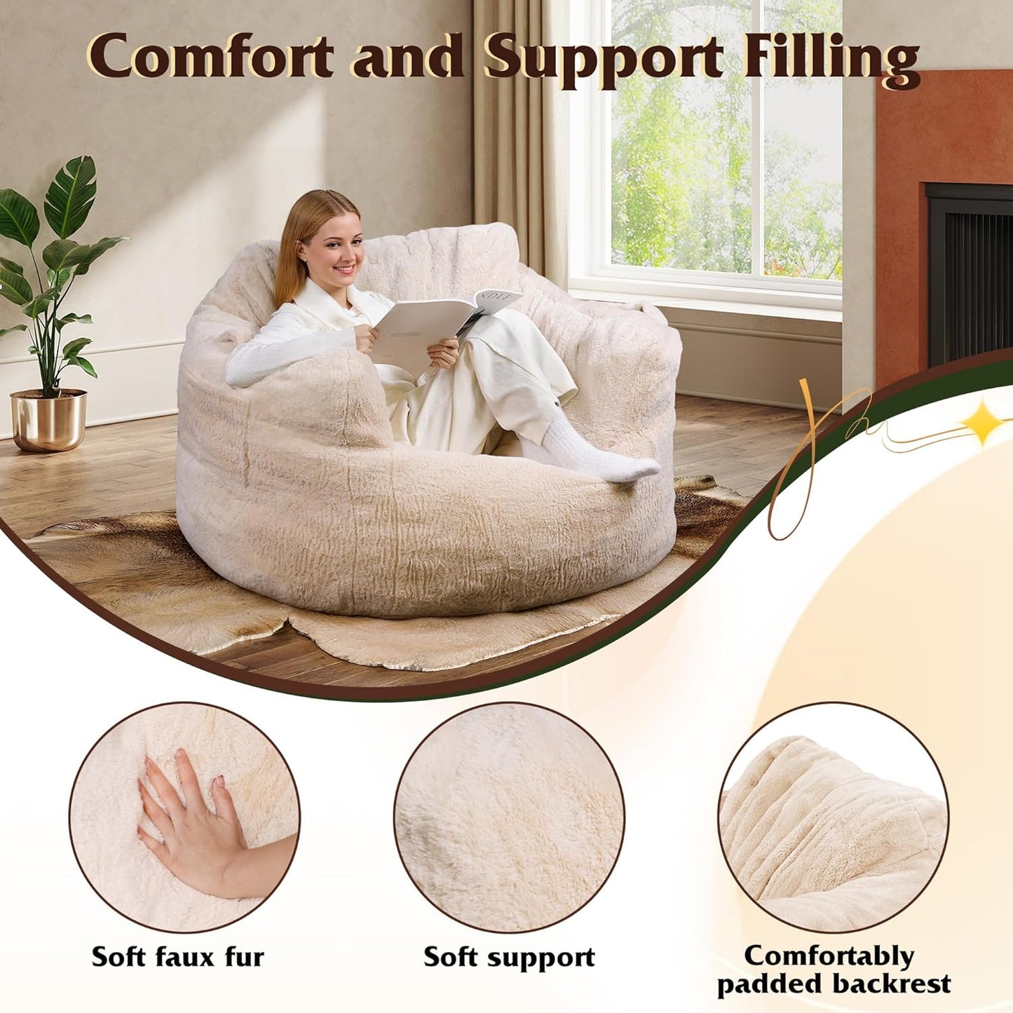 WLIVE Giant Bean Bag Chair, Bean Bag Sofa with Armrests for Adults, Bean Bag Couch with High-Density Memory Foam for Livingroom, Bedroom, Beige