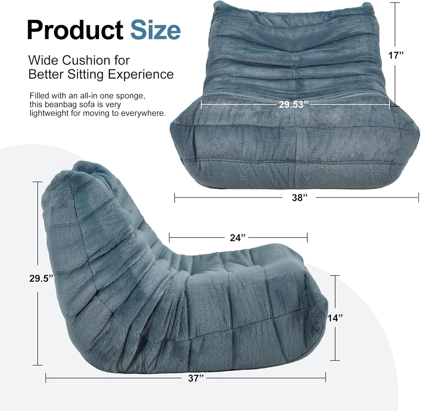 Bean Bag Chairs for Adults Giant Bean Bag Chair Memory Foam BeanBag Chair Big Bean Bag Sofa with Filler Faux Fur Fireside Beanbags Lazy Sofa for Living Room Bedroom Dorm Office (Bluegrey Plush)