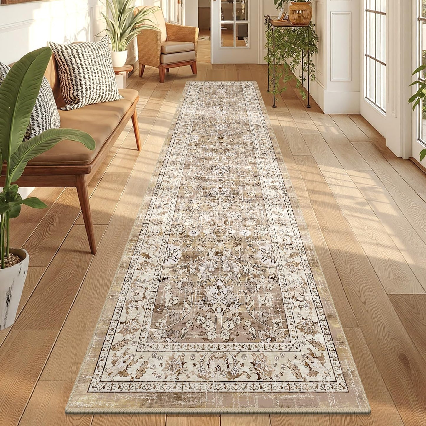 LOKHOM Washable Runner Rug, 2.6x14 Non-Slip Vintage Long Hallway Runner Rugs with Rubber Backing, Boho Soft Distressed Kitchen Rug Floor Carpet Runner for Hallway Laundry Entryway Bedroom(Beige Brown)