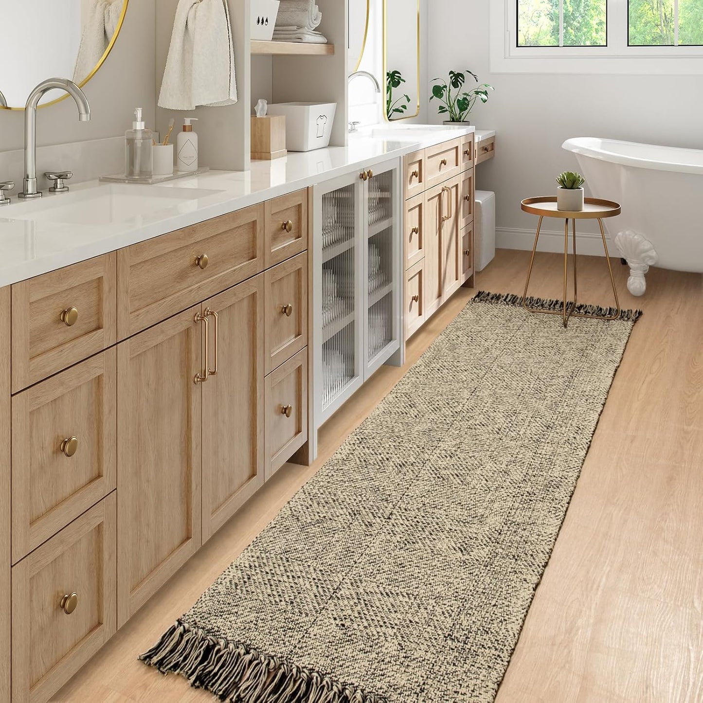 Collive Boho 18 ft Long Runner Rug for Hallway, Washable Kitchen Runner, Cotton Hand-Woven Farmhouse Neutral Carpet Runners, Tan/Cream Low Pile Entryway Floor Runners for Bedroom