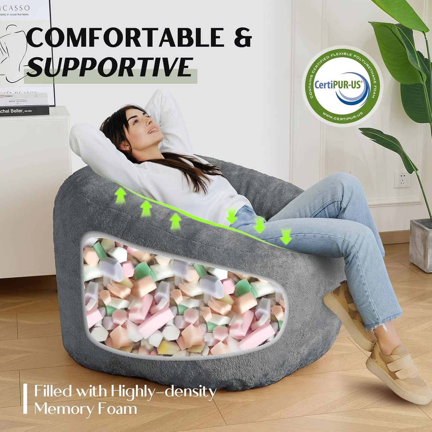 SHOUREN Large Bean Bag Chair,Sherpa Fabric Bean Bag Couch with Backrest,Comfy Bean Bag Sofa for Adults/Teens,Extra Soft Memory Foam Floor Sofa,Dark Grey