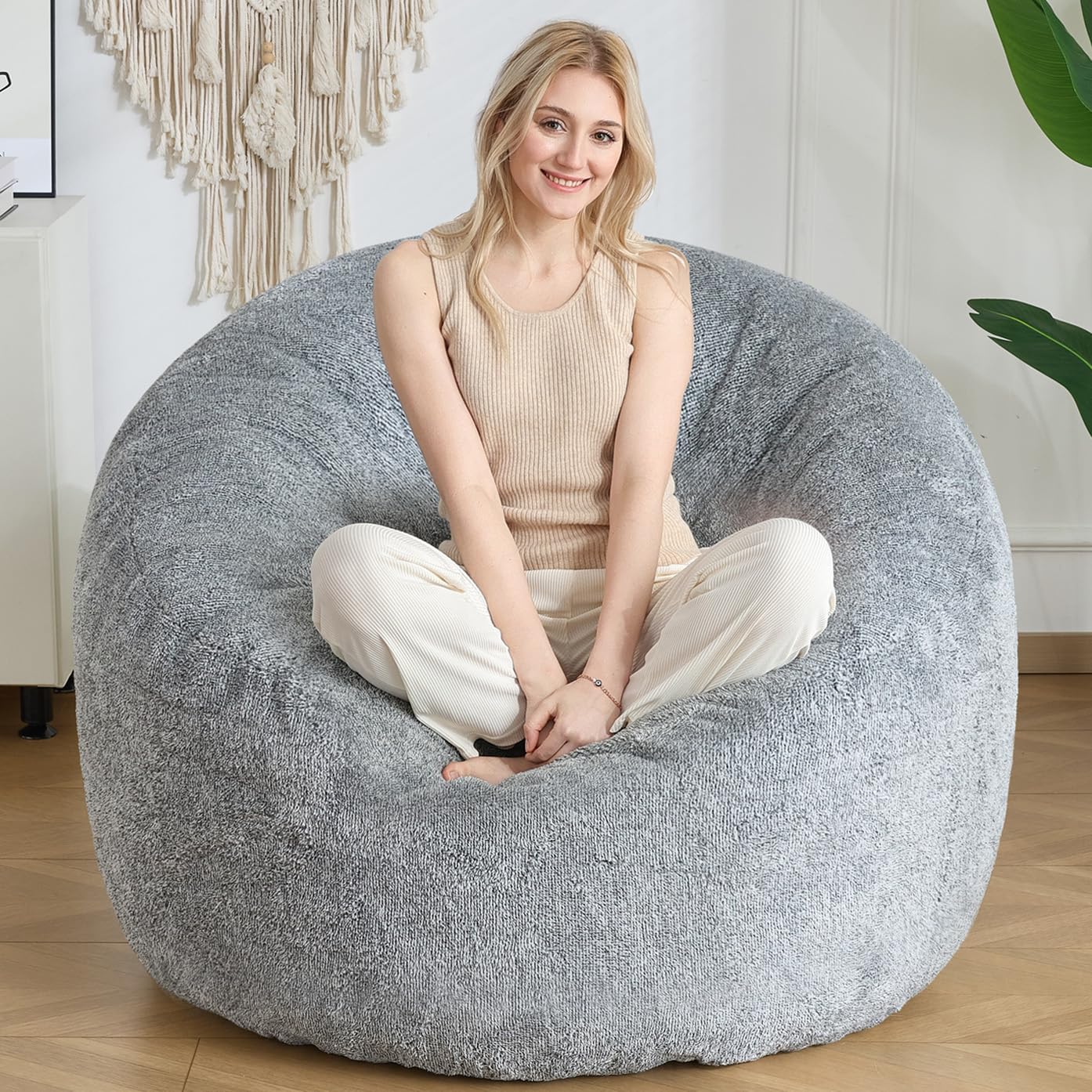 SHOUREN Large Bean Bag Chair,Sherpa Fabric Bean Bag Couch with Backrest,Comfy Bean Bag Sofa for Adults/Teens,Extra Soft Memory Foam Floor Sofa,Dark Grey