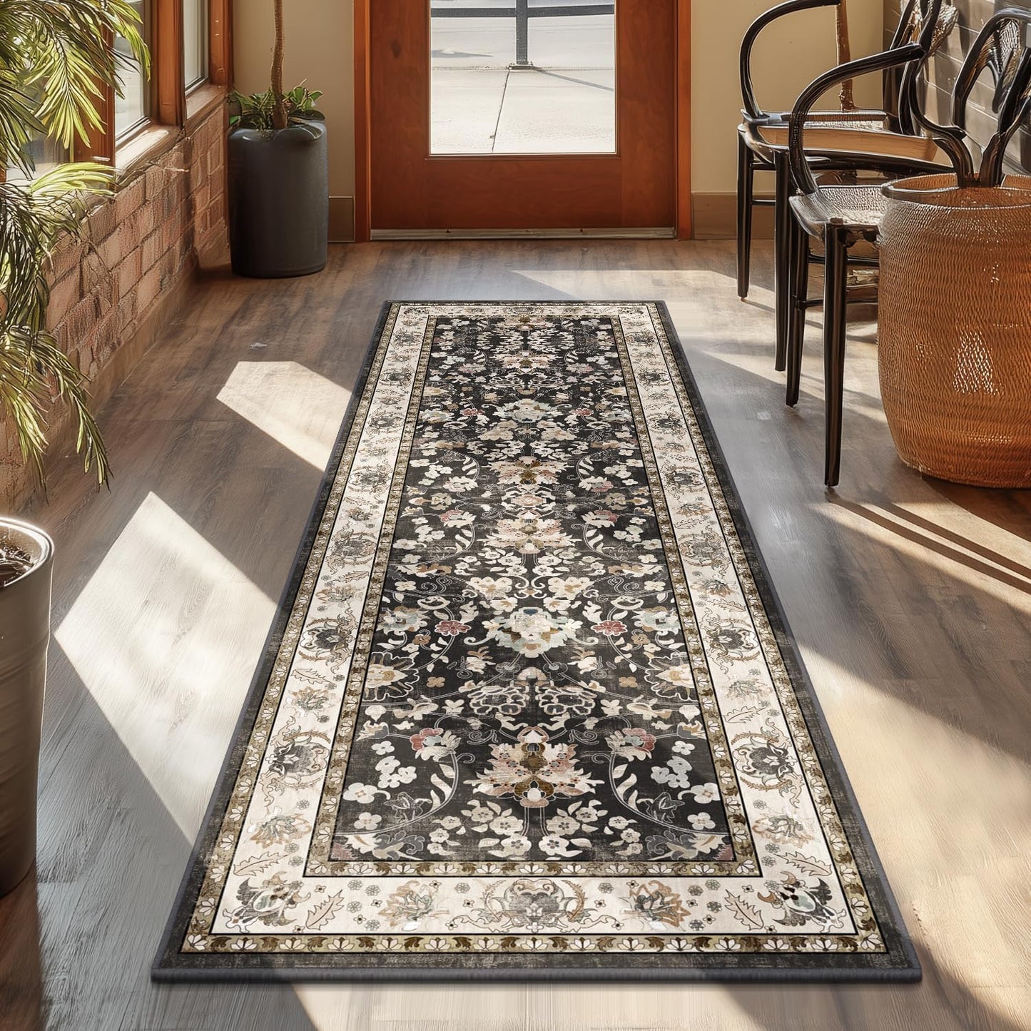 LOKHOM Washable Runner Rug, 2.6x14 Non-Slip Vintage Long Hallway Runner Rugs with Rubber Backing, Boho Soft Distressed Kitchen Rug Floor Carpet Runner for Hallway Laundry Entryway Bedroom(Beige Brown)