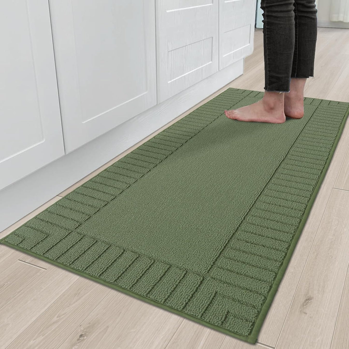 BEQHAUSE-Kitchen-Rugs-Non-Slip-Kitchen-Mats-for-Floor Machine Washable Kitchen Rugs 2 Pieces Kitchen Carpet Runner with TPR Backing,Green,24x35inch/24x60inch