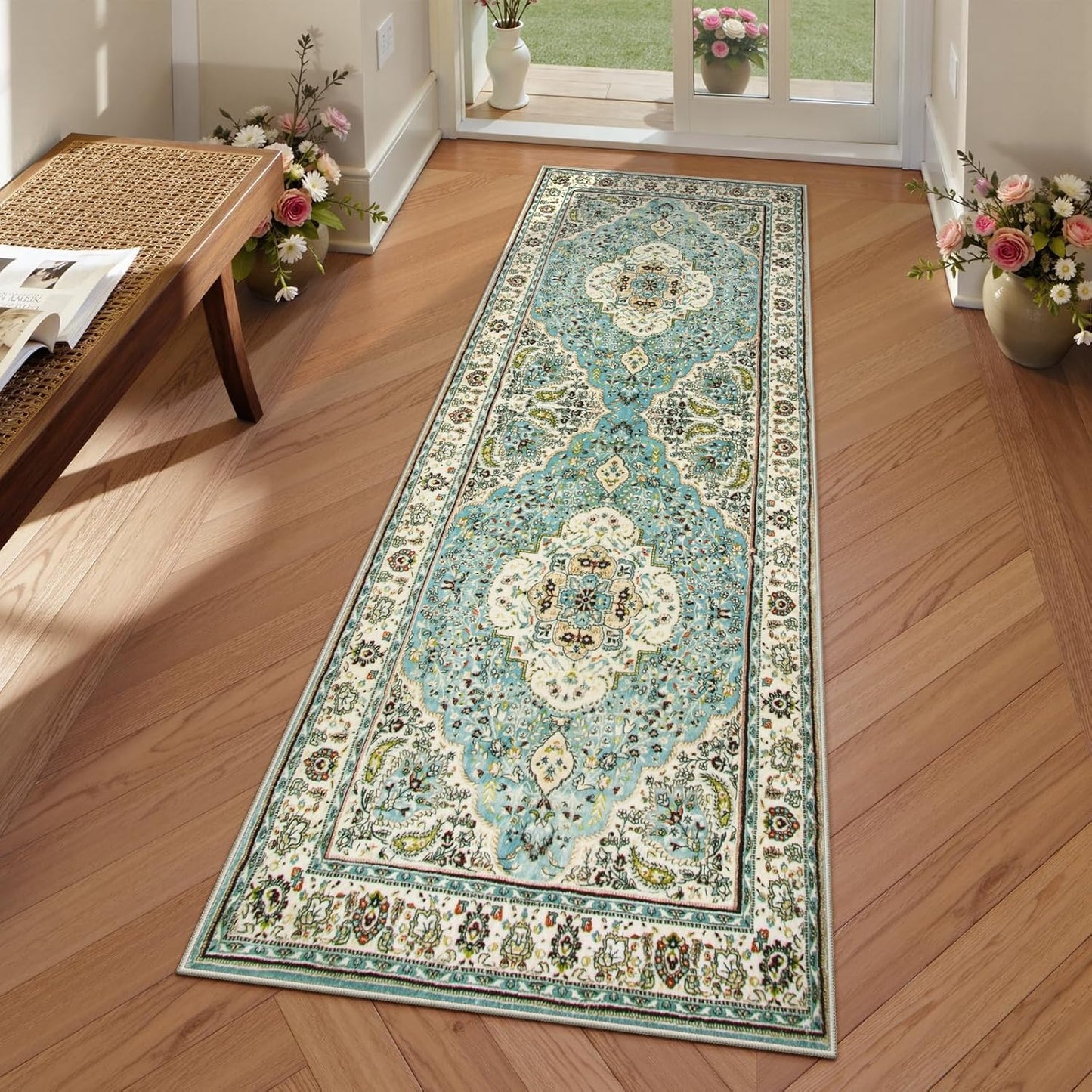 Lahome Boho Tribal 2'6" x 10' Washable Runners for Hallways, Oriental Kitchen Runner Rugs Non Skid Washable, Oriental Soft Long Stair Carpet Runner for Bathroom Living Room Bedroom, Rust/Dull Teal