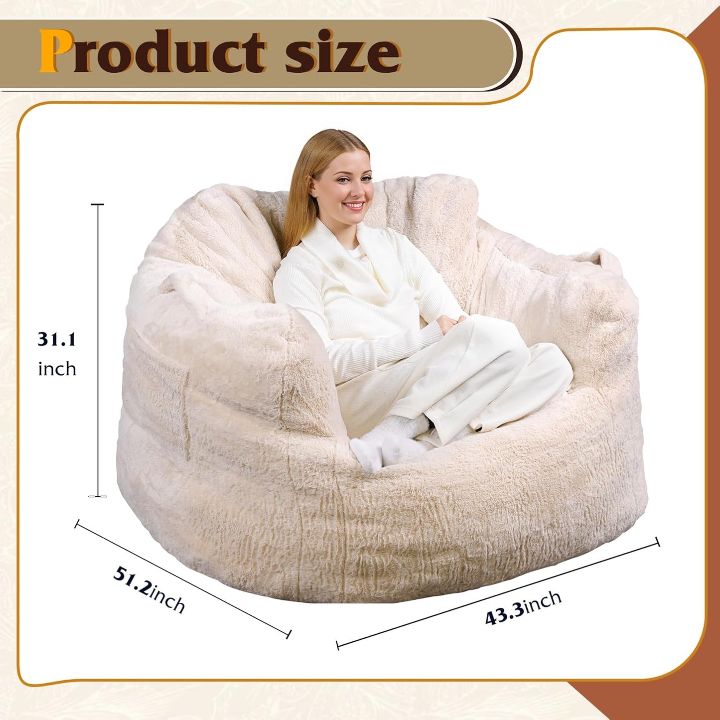 WLIVE Giant Bean Bag Chair, Bean Bag Sofa with Armrests for Adults, Bean Bag Couch with High-Density Memory Foam for Livingroom, Bedroom, Beige