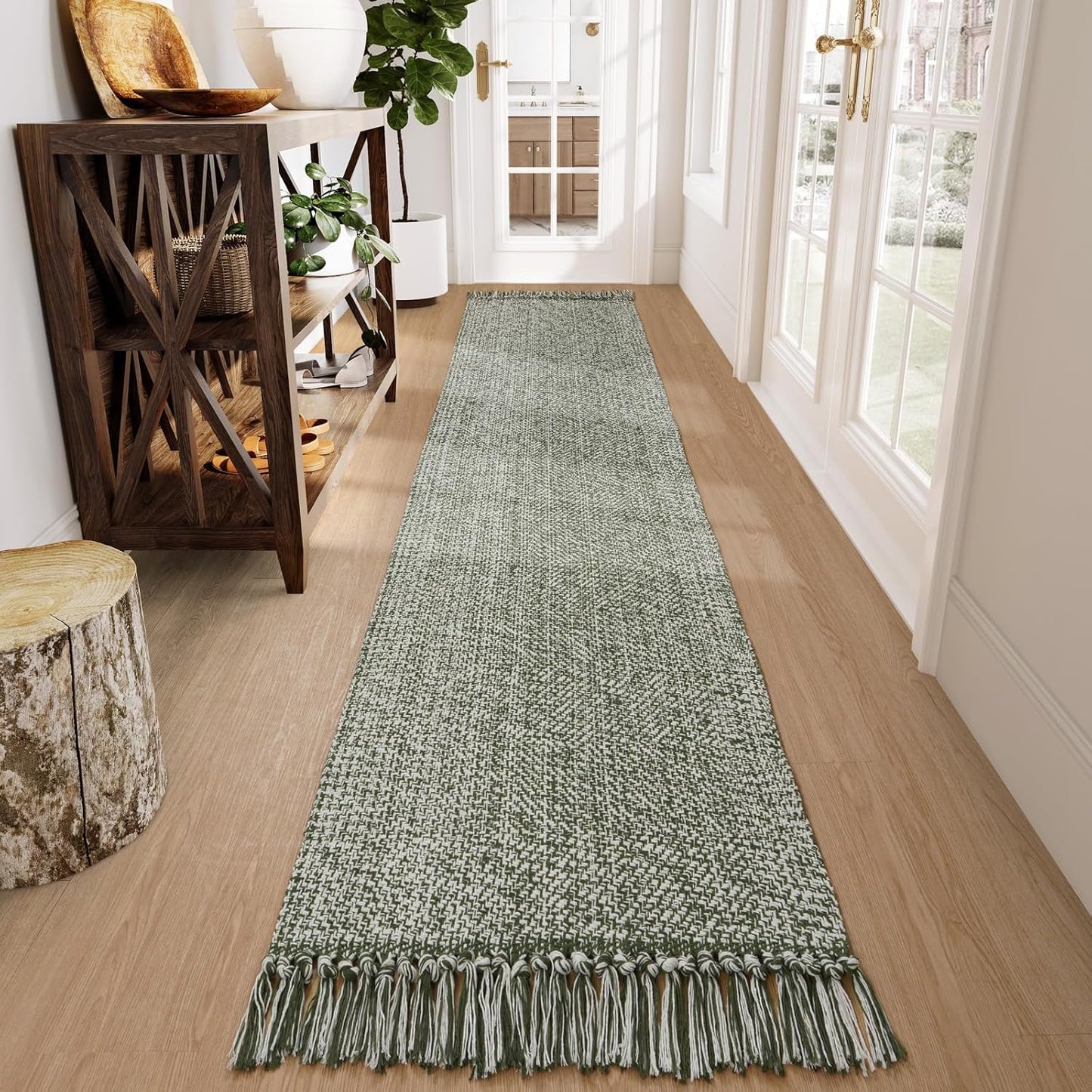 Collive Boho 18 ft Long Runner Rug for Hallway, Washable Kitchen Runner, Cotton Hand-Woven Farmhouse Neutral Carpet Runners, Tan/Cream Low Pile Entryway Floor Runners for Bedroom