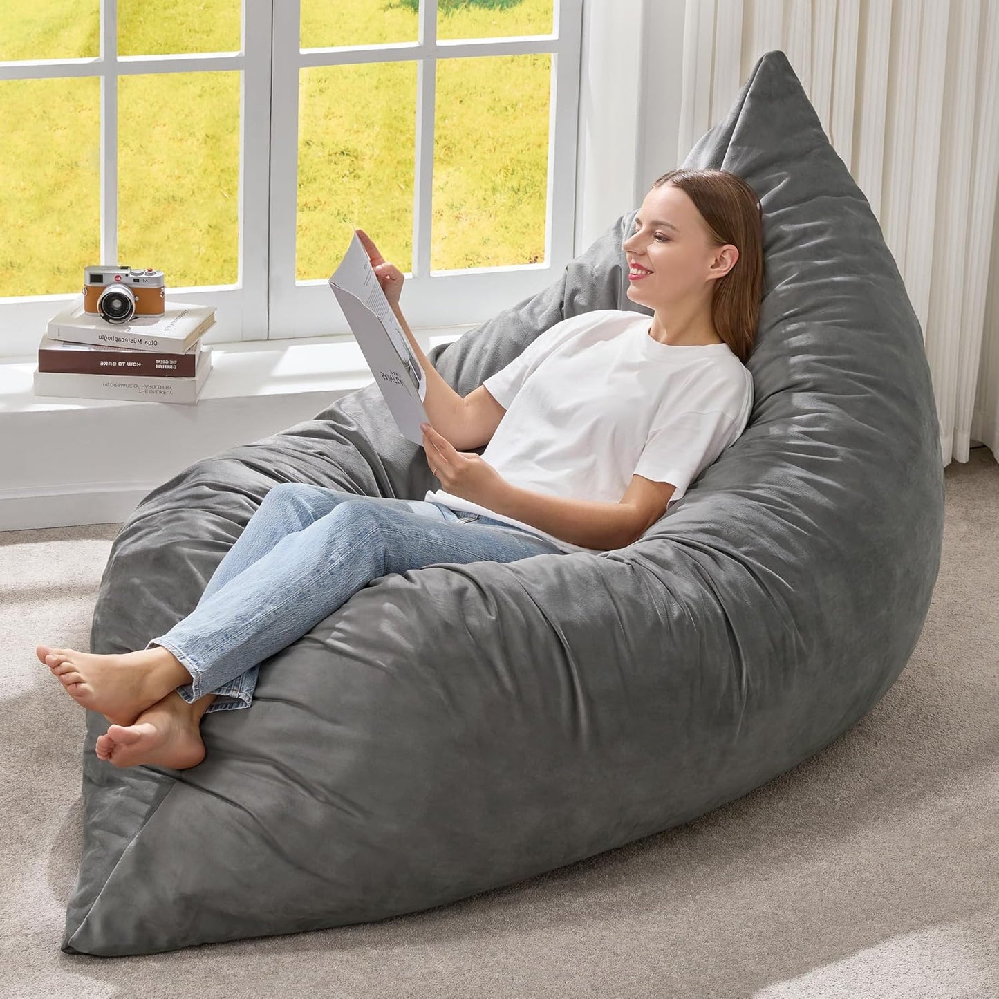 Hobestluk 3 in 1 Bean Bag Chair Giant Bean Bag Chairs Convertible Bean Bag Floor Cushion with Machine Washable Cover, Beanbag Chairs for Adult (Dark Grey)