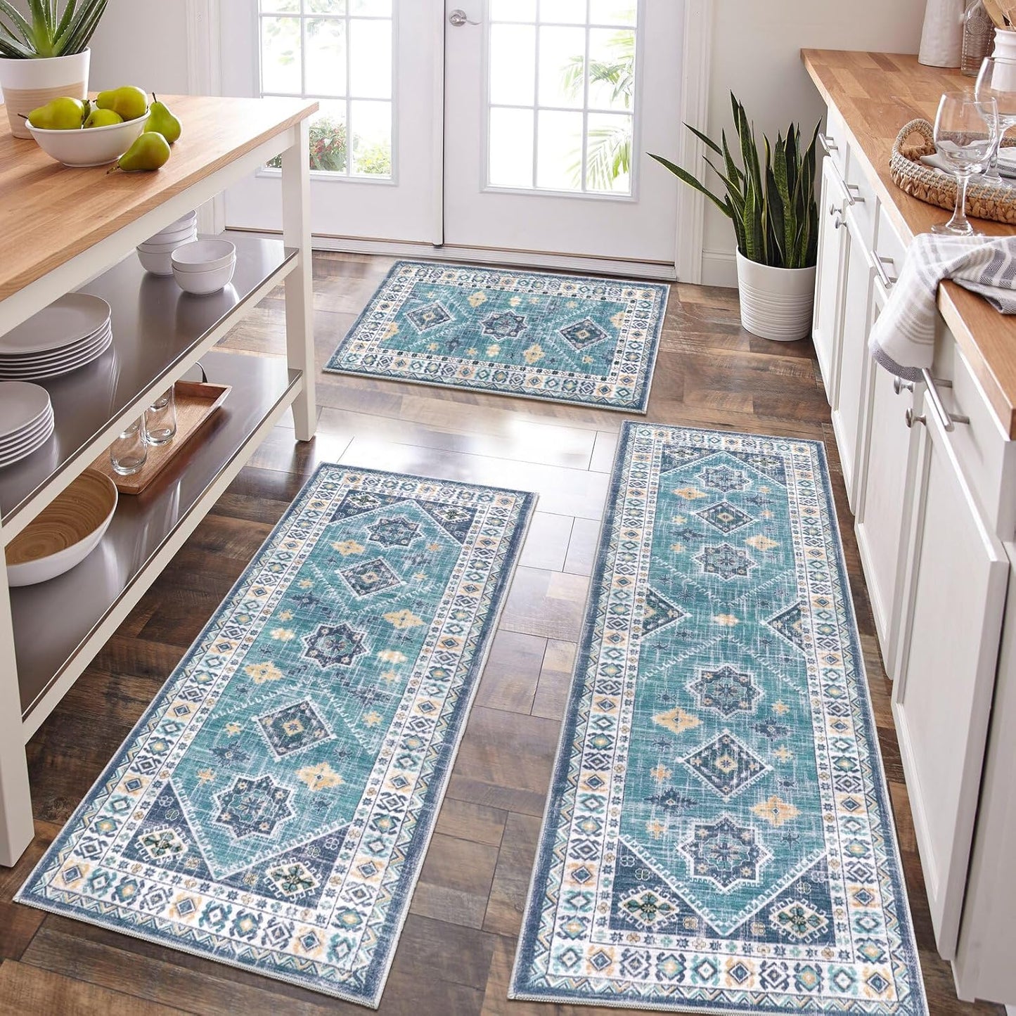 HEBE Boho Kitchen Rug Sets 3 Piece with Runner Non Slip Kitchen Rugs and Mats Washable Kitchen Mats for Floor Thick Kitchen Floor Mat Carpet Runner Rugs for Hallway Laundry Holiday Decor