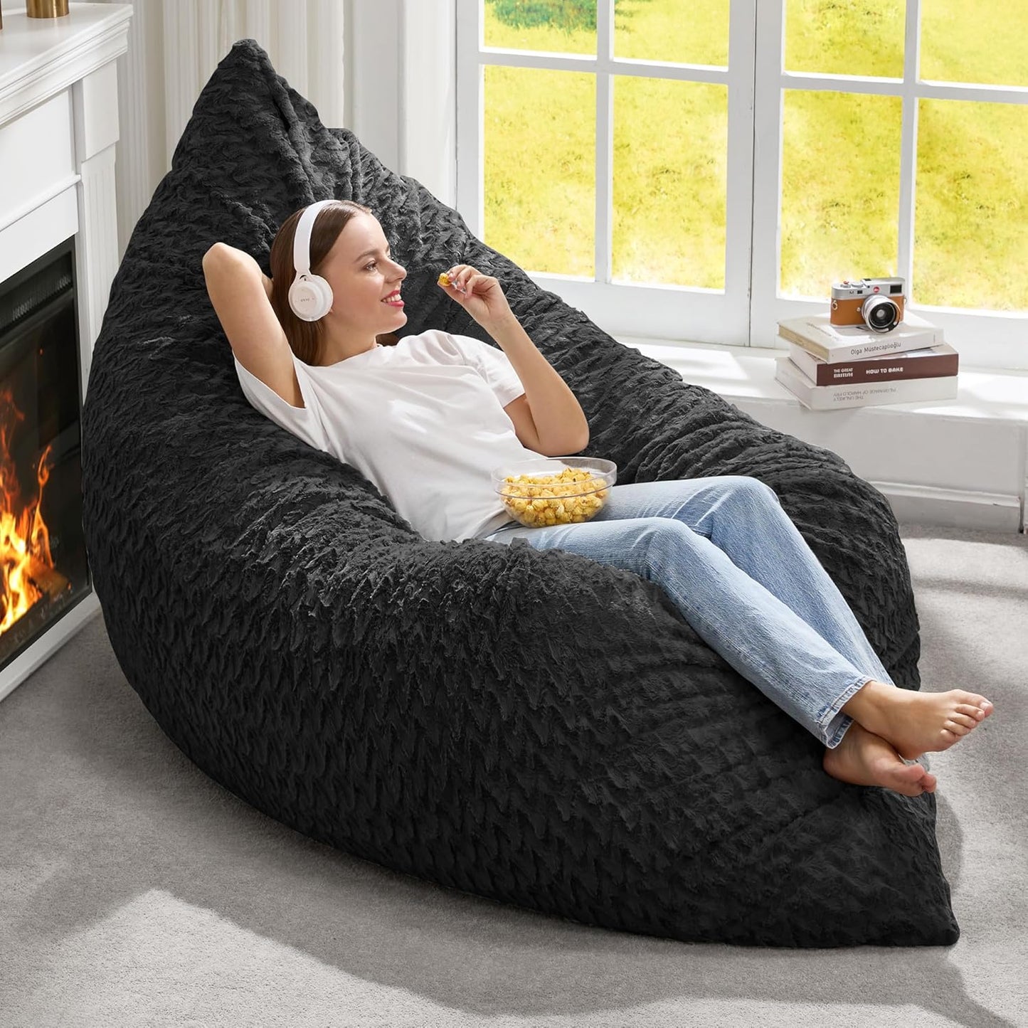 Hobestluk 3 in 1 Bean Bag Chair Giant Bean Bag Chairs Convertible Bean Bag Floor Cushion with Machine Washable Cover, Beanbag Chairs for Adult (Dark Grey)