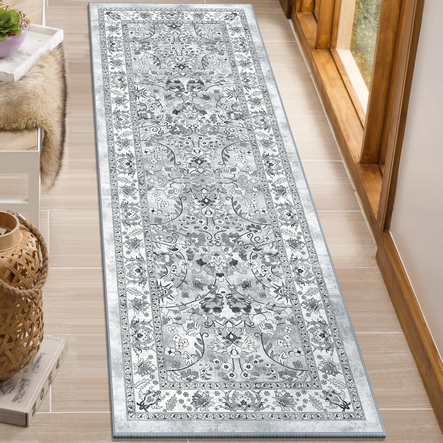 LOKHOM Washable Runner Rug, 2.6x14 Non-Slip Vintage Long Hallway Runner Rugs with Rubber Backing, Boho Soft Distressed Kitchen Rug Floor Carpet Runner for Hallway Laundry Entryway Bedroom(Beige Brown)