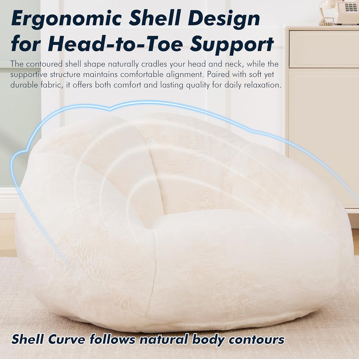 Giant Bean Bag Sofa, Oversized Shell-Shaped Lounge Floor Sofa for Adults & Kits, Comfy Beanbag Couch for Bedroom, Reading Nook, Living Room, Game Room (Beige)