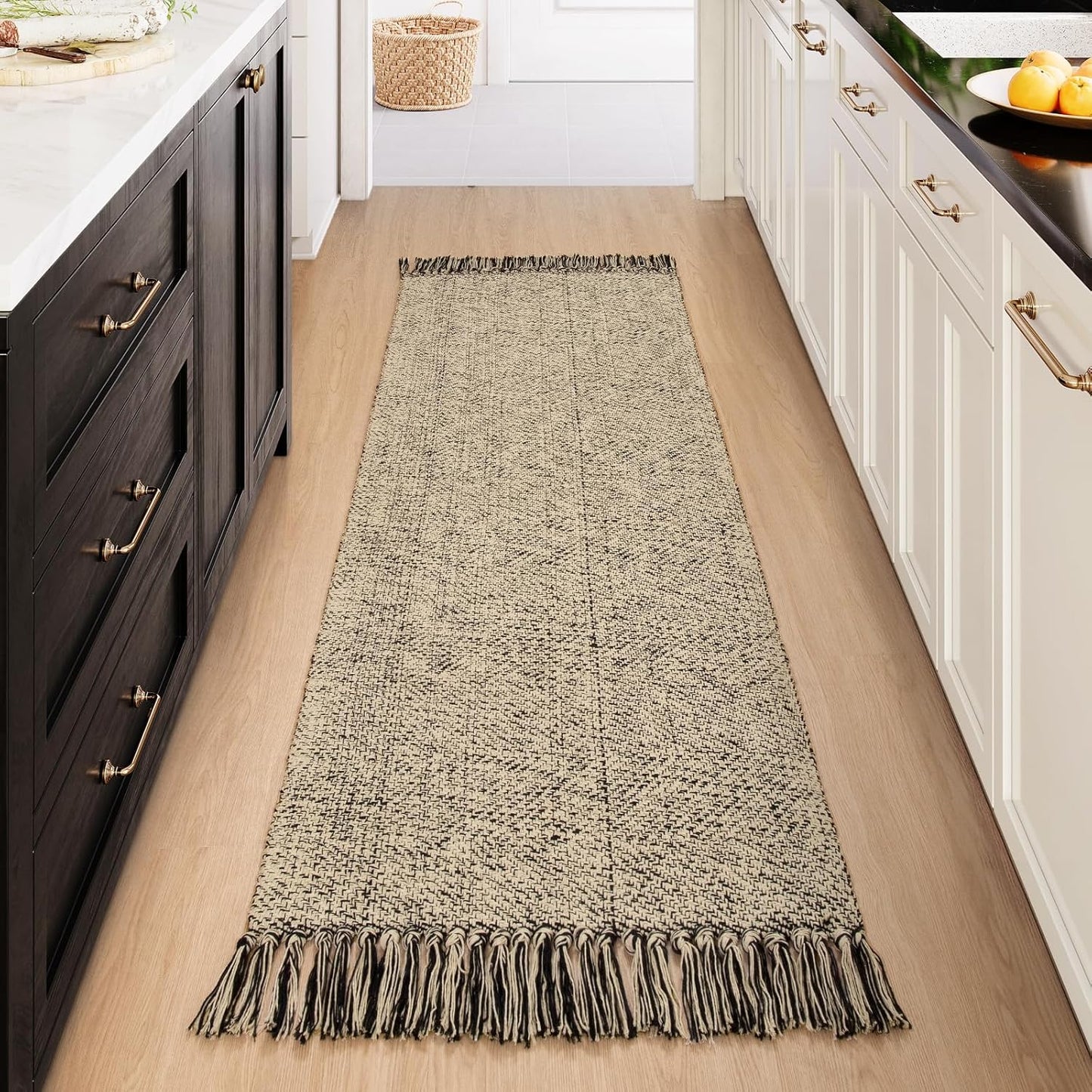 Collive Boho 18 ft Long Runner Rug for Hallway, Washable Kitchen Runner, Cotton Hand-Woven Farmhouse Neutral Carpet Runners, Tan/Cream Low Pile Entryway Floor Runners for Bedroom