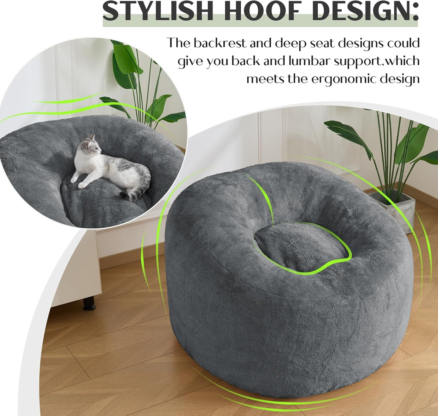 SHOUREN Large Bean Bag Chair,Sherpa Fabric Bean Bag Couch with Backrest,Comfy Bean Bag Sofa for Adults/Teens,Extra Soft Memory Foam Floor Sofa,Dark Grey