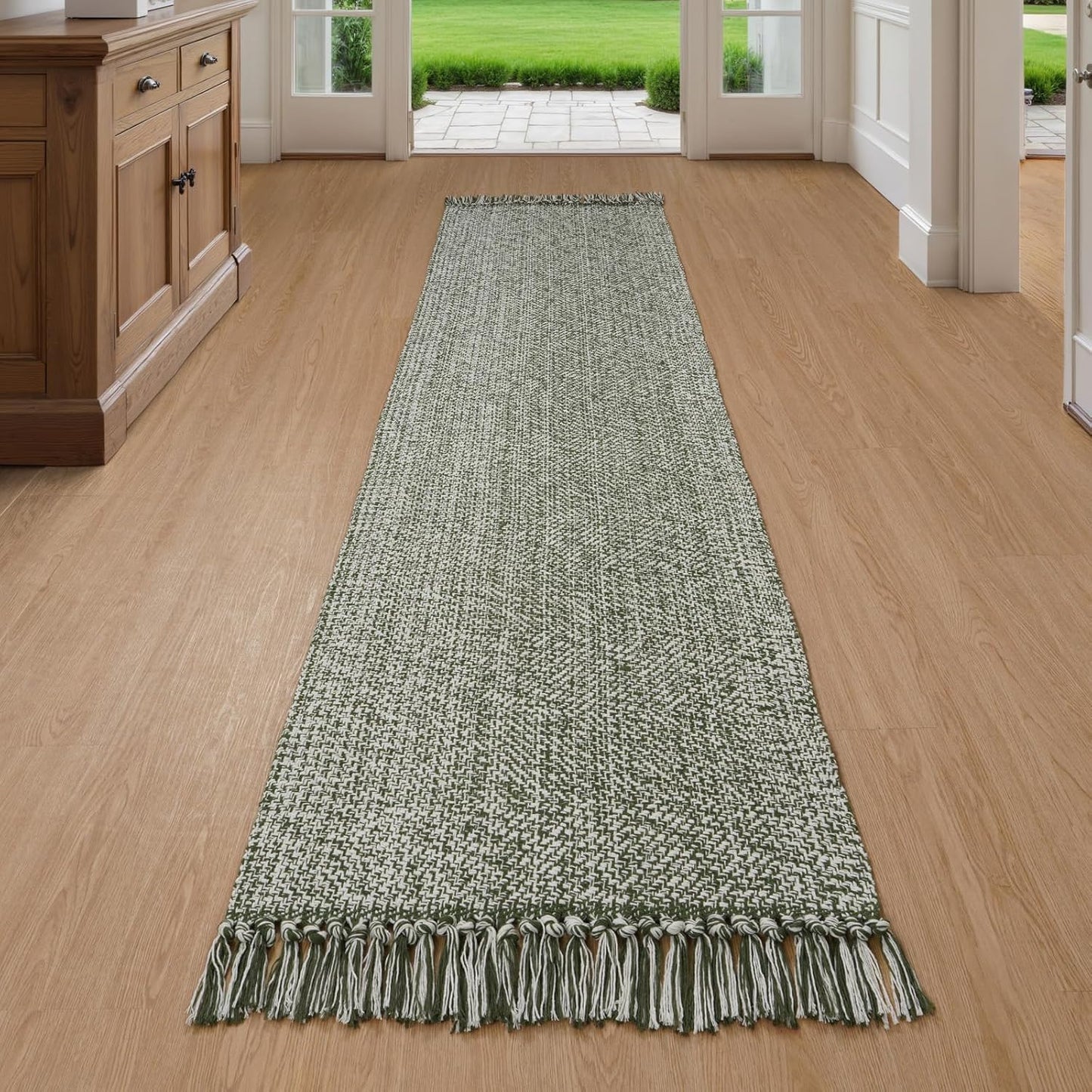 Collive Boho 18 ft Long Runner Rug for Hallway, Washable Kitchen Runner, Cotton Hand-Woven Farmhouse Neutral Carpet Runners, Tan/Cream Low Pile Entryway Floor Runners for Bedroom
