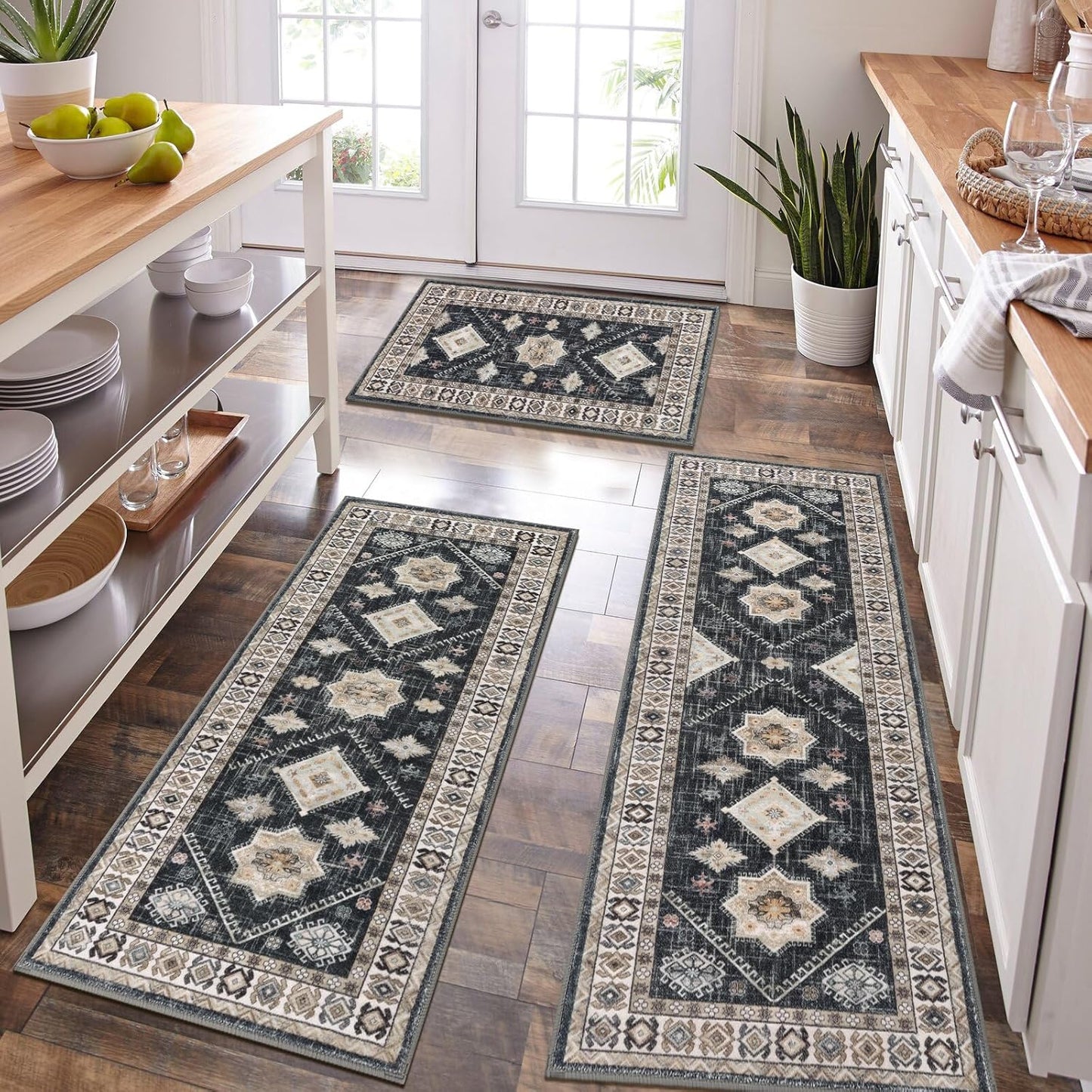 HEBE Boho Kitchen Rug Sets 3 Piece with Runner Non Slip Kitchen Rugs and Mats Washable Kitchen Mats for Floor Thick Kitchen Floor Mat Carpet Runner Rugs for Hallway Laundry Holiday Decor
