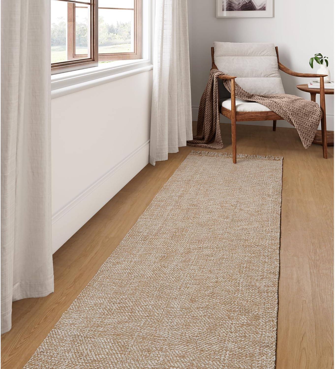 Collive Boho 18 ft Long Runner Rug for Hallway, Washable Kitchen Runner, Cotton Hand-Woven Farmhouse Neutral Carpet Runners, Tan/Cream Low Pile Entryway Floor Runners for Bedroom