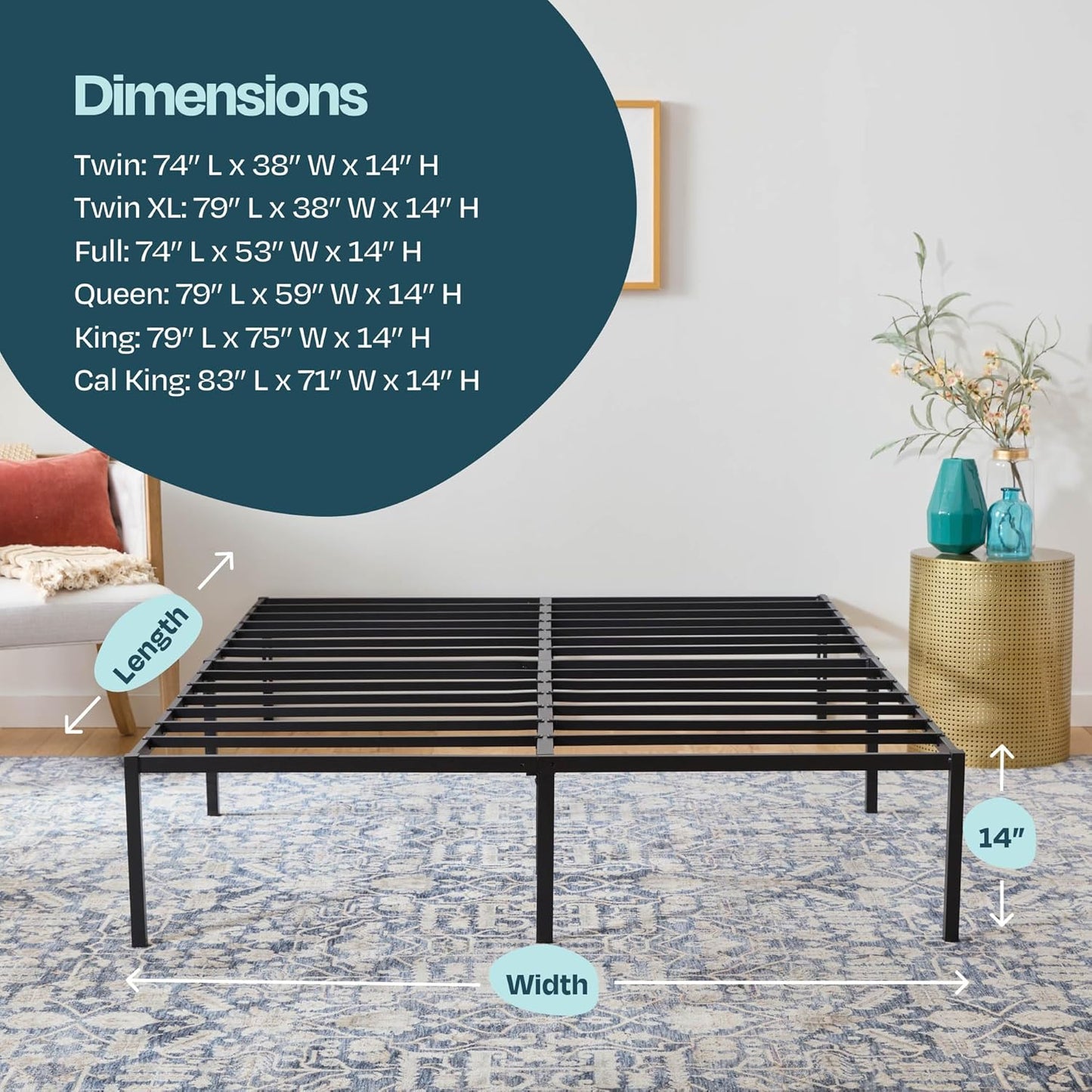 Linenspa Heavy Duty Metal Platform Bed Frame - No Box Spring Needed - Underbed Storage - Simple Tool Free Assembly - 14” High - Sturdy - Steel Slats - Sleek Modern Design - Full Size