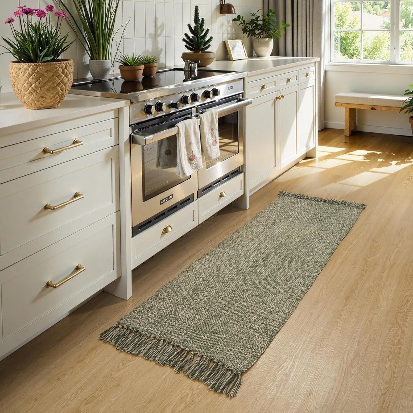 Collive Boho 18 ft Long Runner Rug for Hallway, Washable Kitchen Runner, Cotton Hand-Woven Farmhouse Neutral Carpet Runners, Tan/Cream Low Pile Entryway Floor Runners for Bedroom