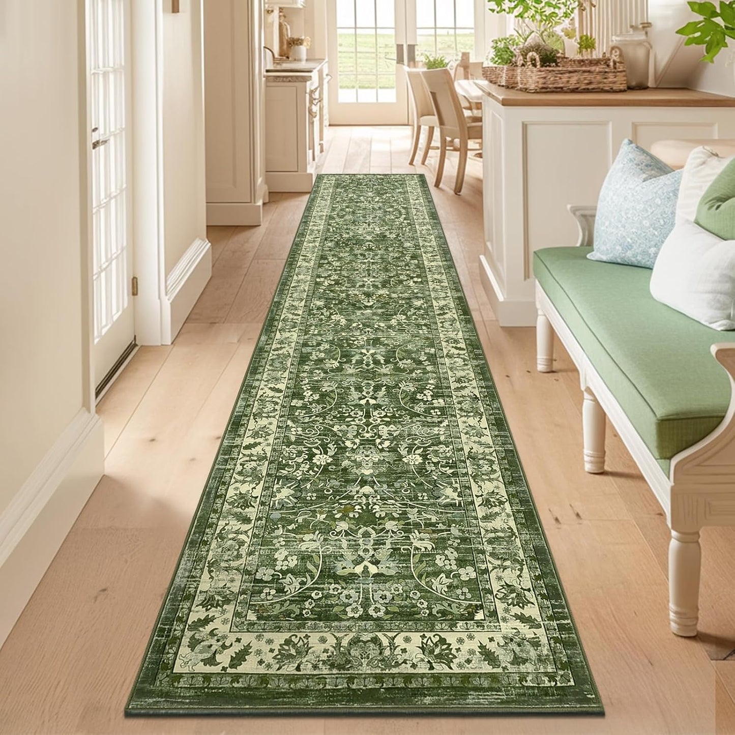 LOKHOM Washable Runner Rug, 2.6x14 Non-Slip Vintage Long Hallway Runner Rugs with Rubber Backing, Boho Soft Distressed Kitchen Rug Floor Carpet Runner for Hallway Laundry Entryway Bedroom(Beige Brown)