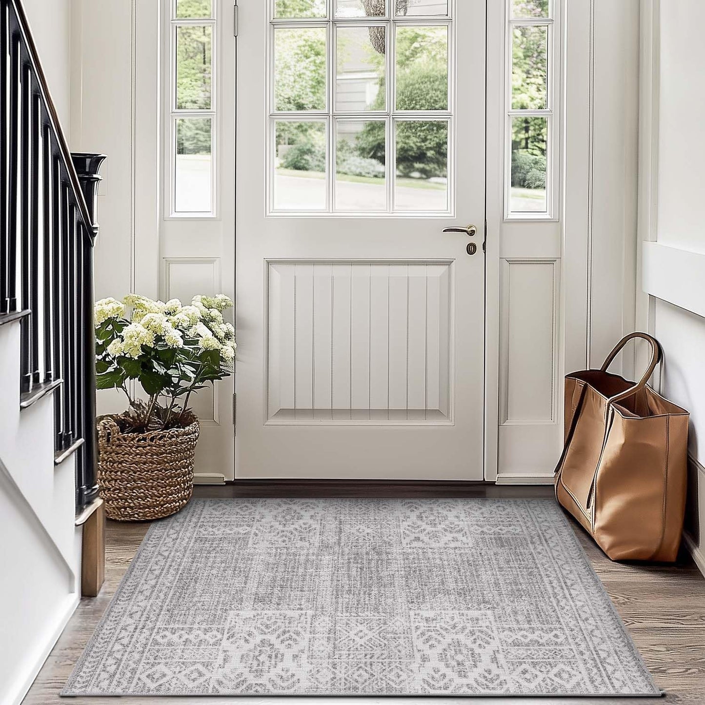 jinchan Runner Rug 3x10 Vintage Hallway Kitchen Runner Ultra-Thin Washable Boho Geometric Rug Non-Slip Non-Shedding Carpet for Bedroom Living Room Stairway Grey Ivory