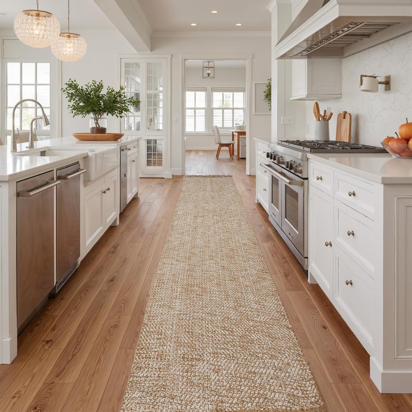 Collive Boho 18 ft Long Runner Rug for Hallway, Washable Kitchen Runner, Cotton Hand-Woven Farmhouse Neutral Carpet Runners, Tan/Cream Low Pile Entryway Floor Runners for Bedroom