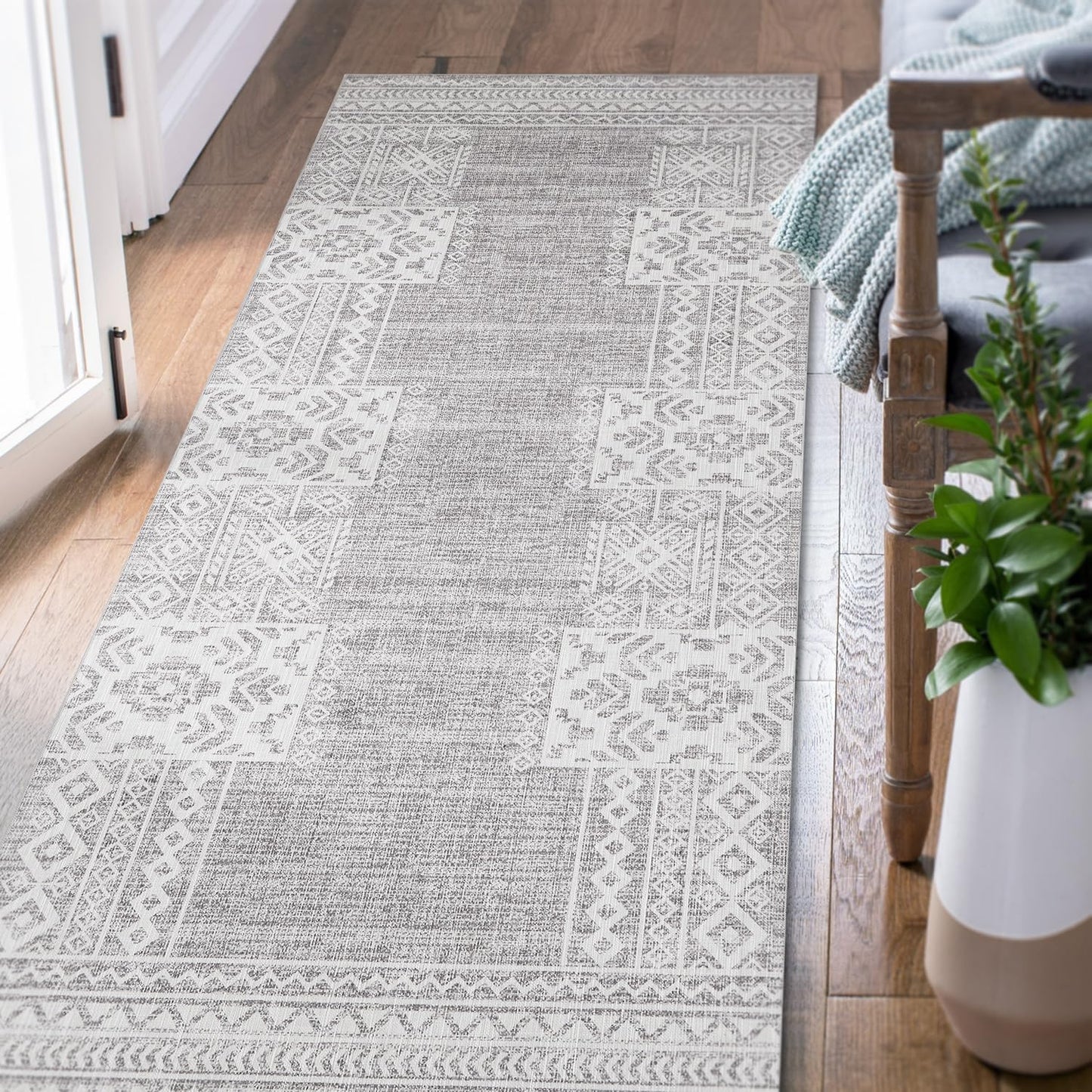jinchan Runner Rug 3x10 Vintage Hallway Kitchen Runner Ultra-Thin Washable Boho Geometric Rug Non-Slip Non-Shedding Carpet for Bedroom Living Room Stairway Grey Ivory