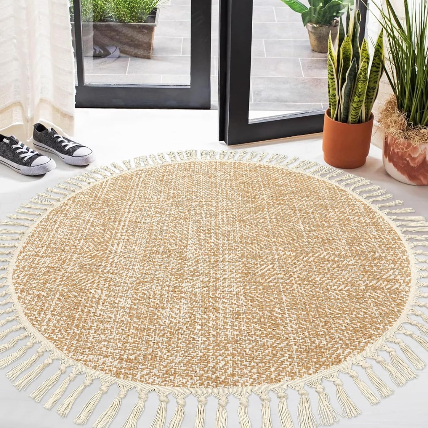 Collive Boho 18 ft Long Runner Rug for Hallway, Washable Kitchen Runner, Cotton Hand-Woven Farmhouse Neutral Carpet Runners, Tan/Cream Low Pile Entryway Floor Runners for Bedroom