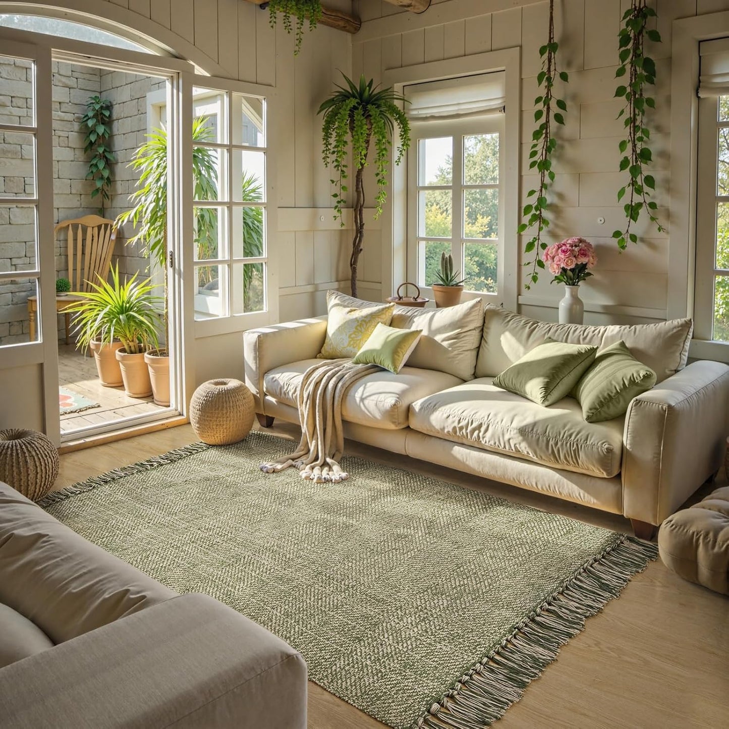 Collive Boho 18 ft Long Runner Rug for Hallway, Washable Kitchen Runner, Cotton Hand-Woven Farmhouse Neutral Carpet Runners, Tan/Cream Low Pile Entryway Floor Runners for Bedroom