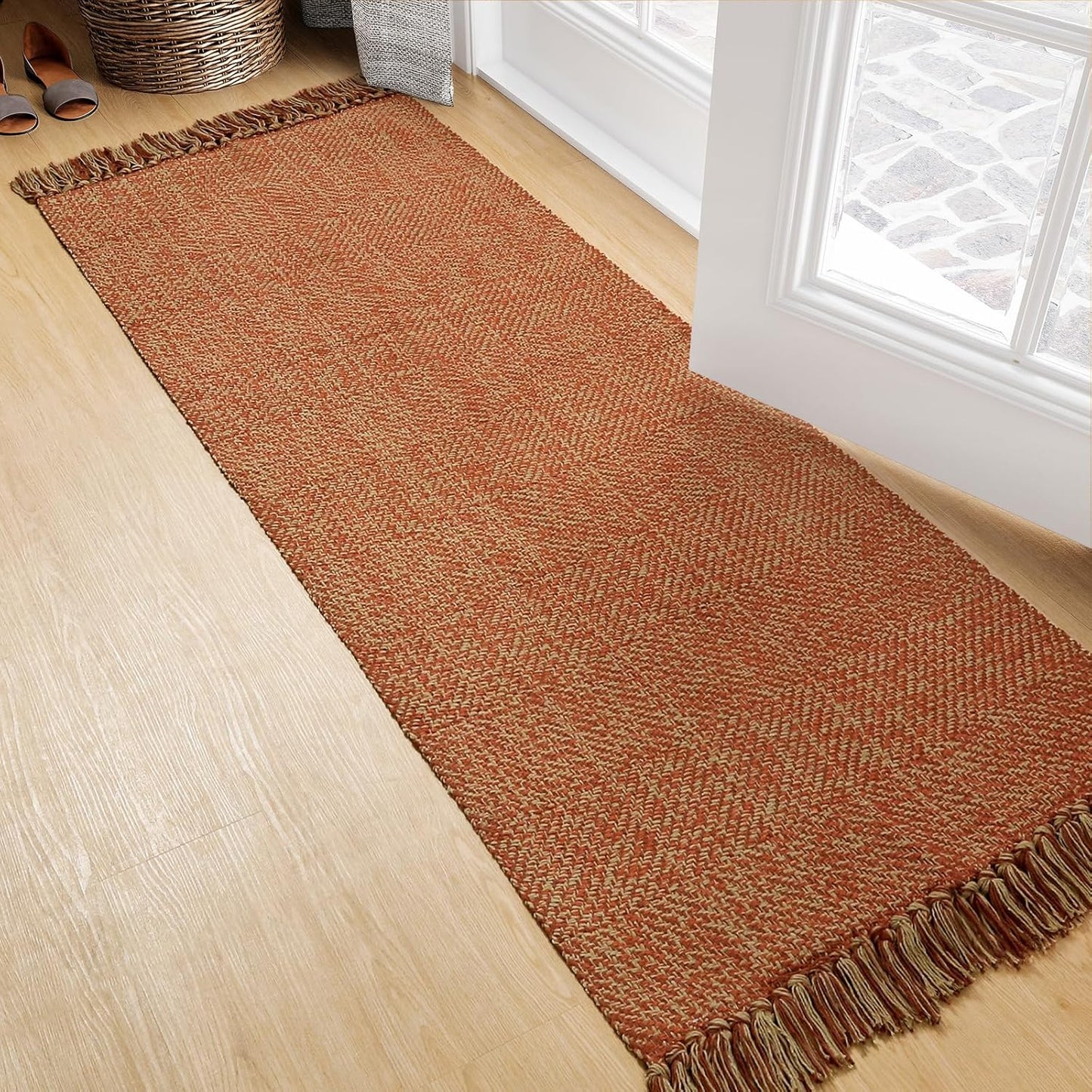 Collive Boho 18 ft Long Runner Rug for Hallway, Washable Kitchen Runner, Cotton Hand-Woven Farmhouse Neutral Carpet Runners, Tan/Cream Low Pile Entryway Floor Runners for Bedroom